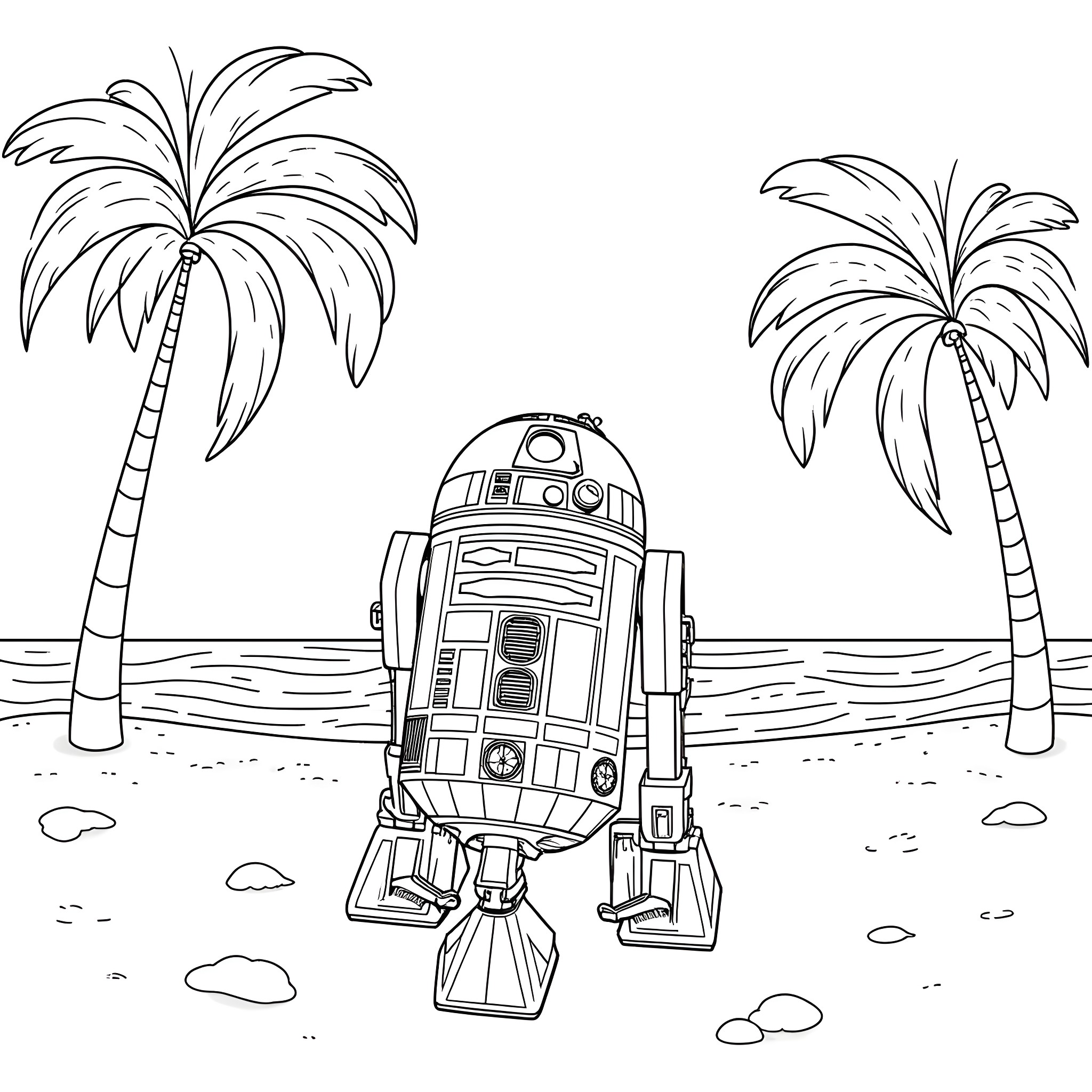 R2-D2 on a tropical beach Coloring Page (free black-and-white line drawing printable PDF for all, from beginners to advanced learners, including children, teens, adults, and seniors)