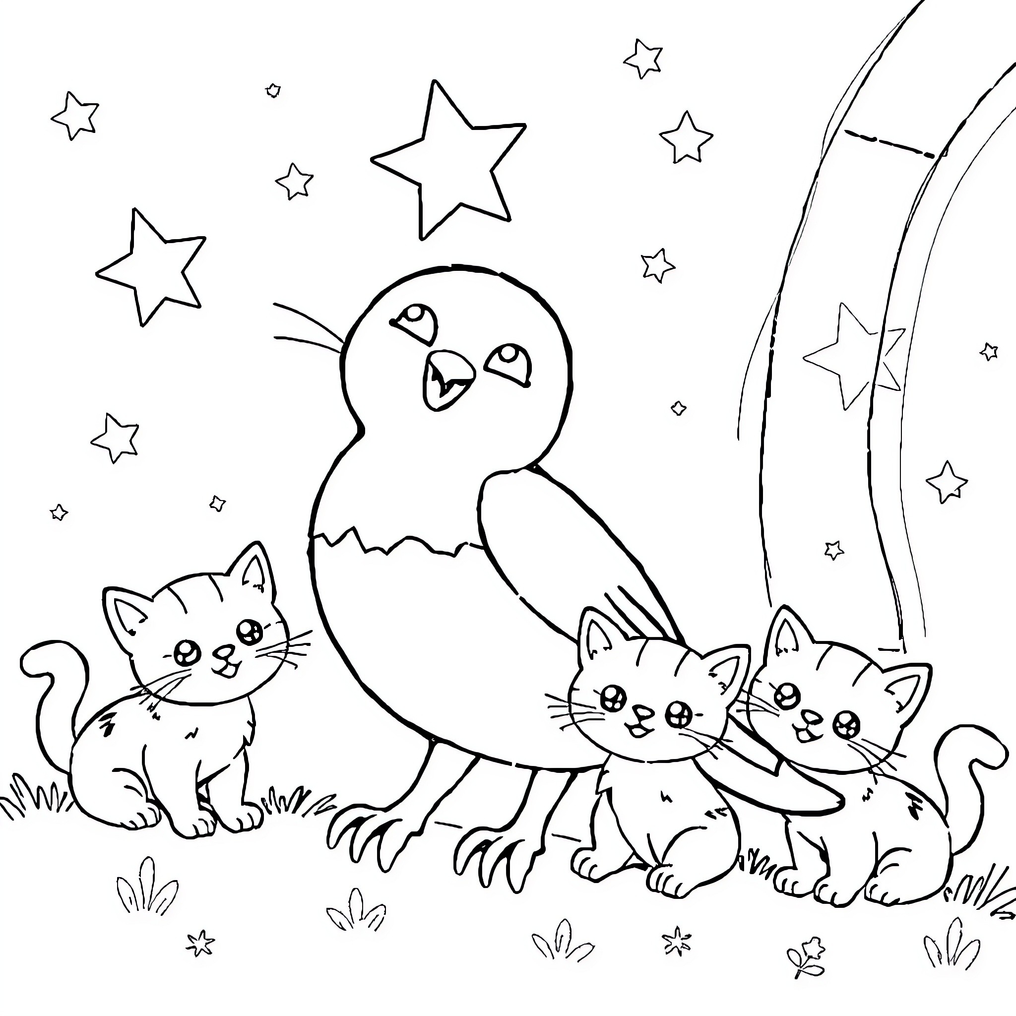 Stella's Whimsical Adventure with Playful Felines Coloring Page (free black-and-white line drawing printable PDF for all, from beginners to advanced learners, including children, teens, adults, and seniors)
