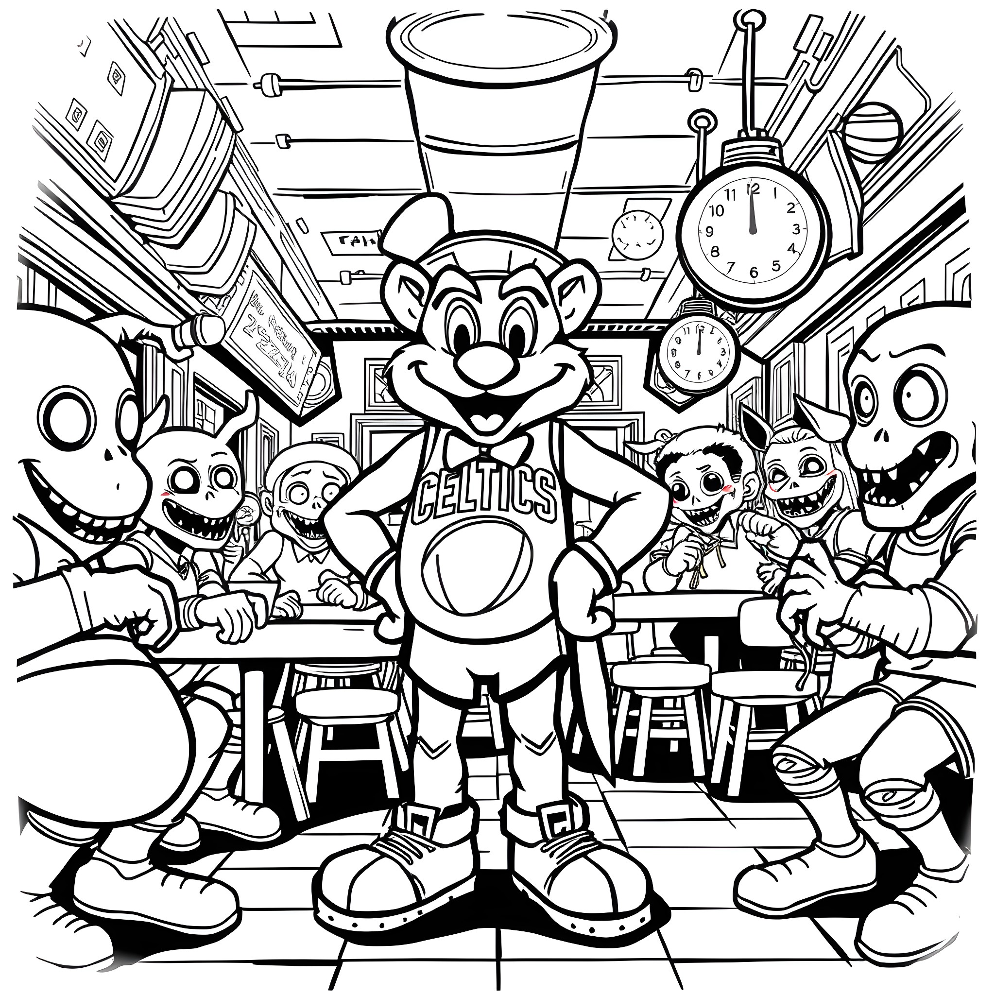Boston Celtics Mascot in Playful Locker Room Scene Coloring Page (free black-and-white line drawing printable PDF for all, from beginners to advanced learners, including children, teens, adults, and seniors)