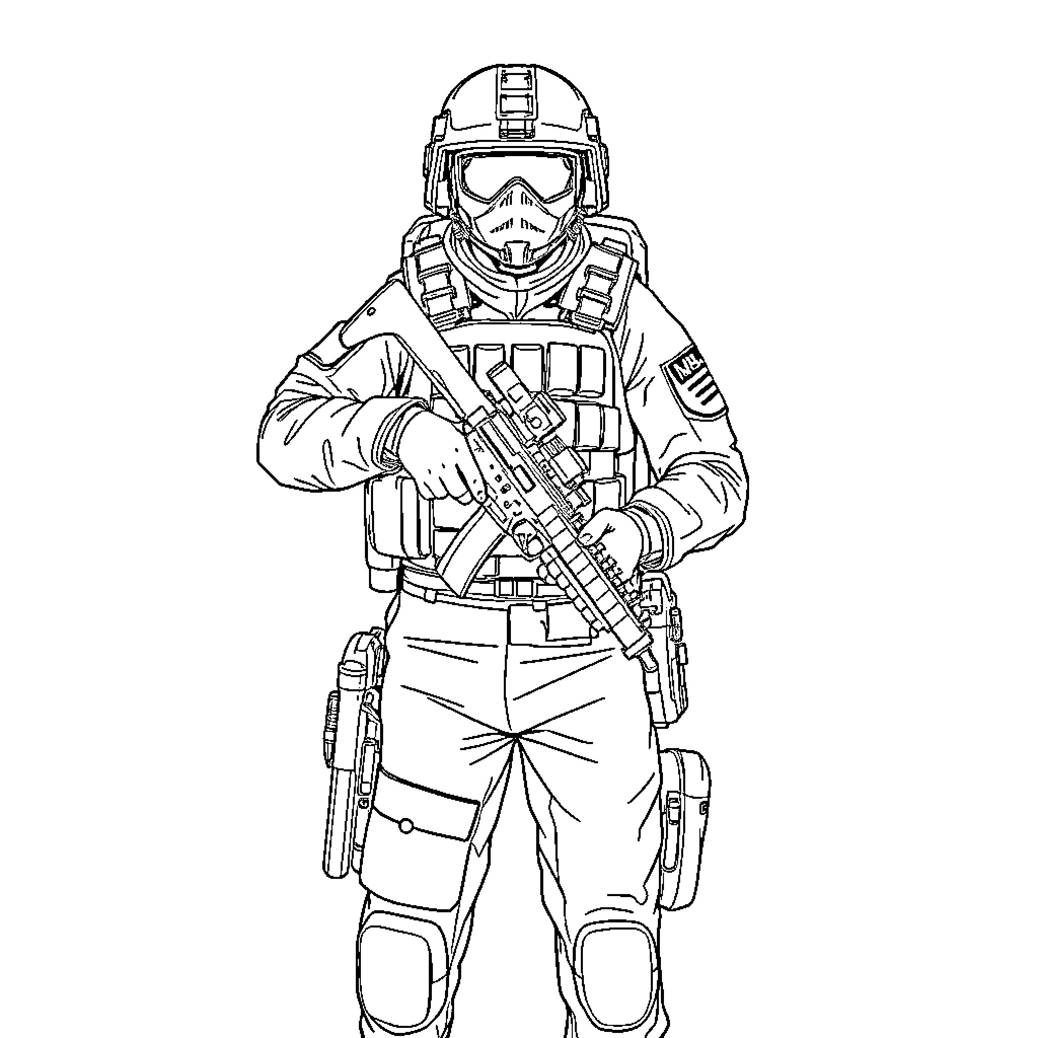 Soldier in tactical gear holding assault rifle Coloring Page (free black-and-white line drawing printable PDF for all, from beginners to advanced learners, including children, teens, adults, and seniors)