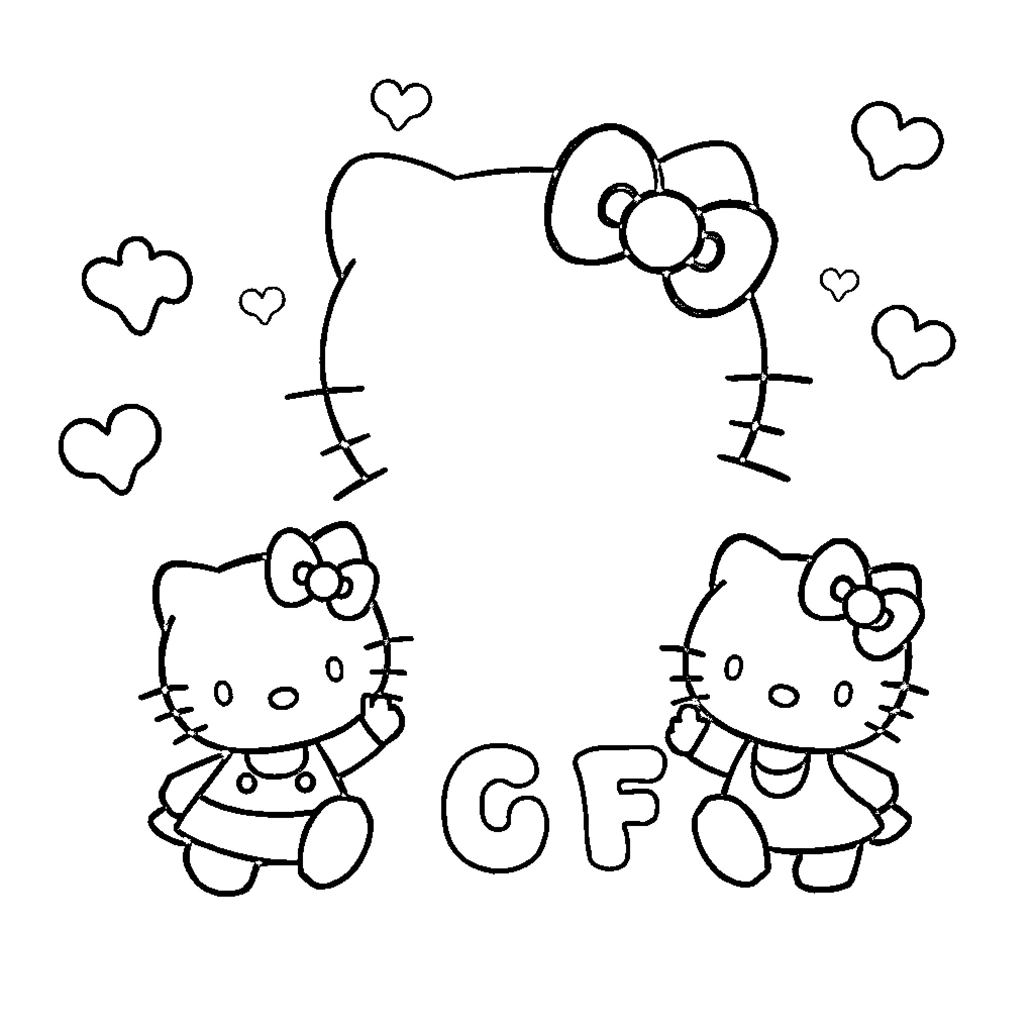 Hello Kitty friends playing with hearts Coloring Page (free black-and-white line drawing printable PDF for all, from beginners to advanced learners, including children, teens, adults, and seniors)