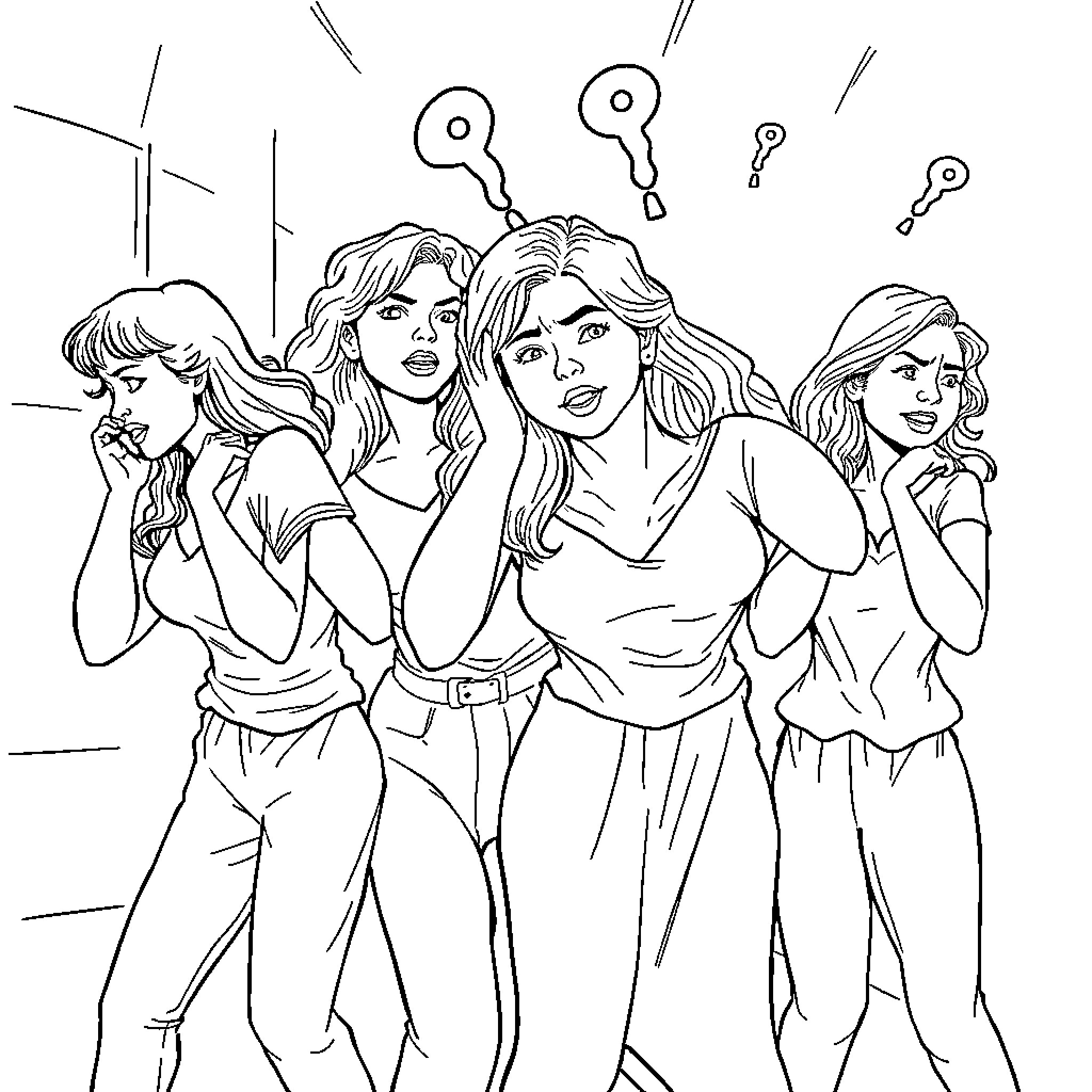 Women discussing and gesturing in an animated scene Coloring Page (free black-and-white line drawing printable PDF for all, from beginners to advanced learners, including children, teens, adults, and seniors)