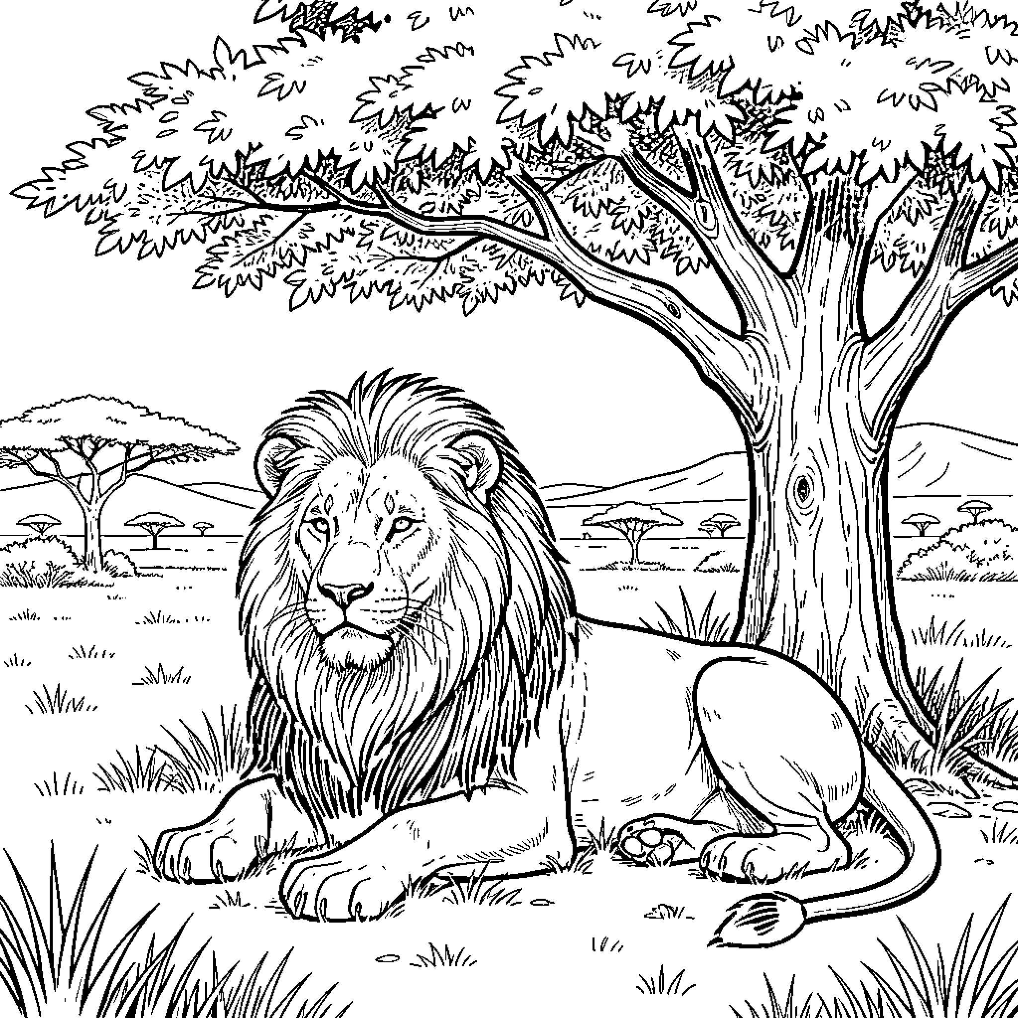 Lion resting in serene African landscape Coloring Page (free black-and-white line drawing printable PDF for all, from beginners to advanced learners, including children, teens, adults, and seniors)