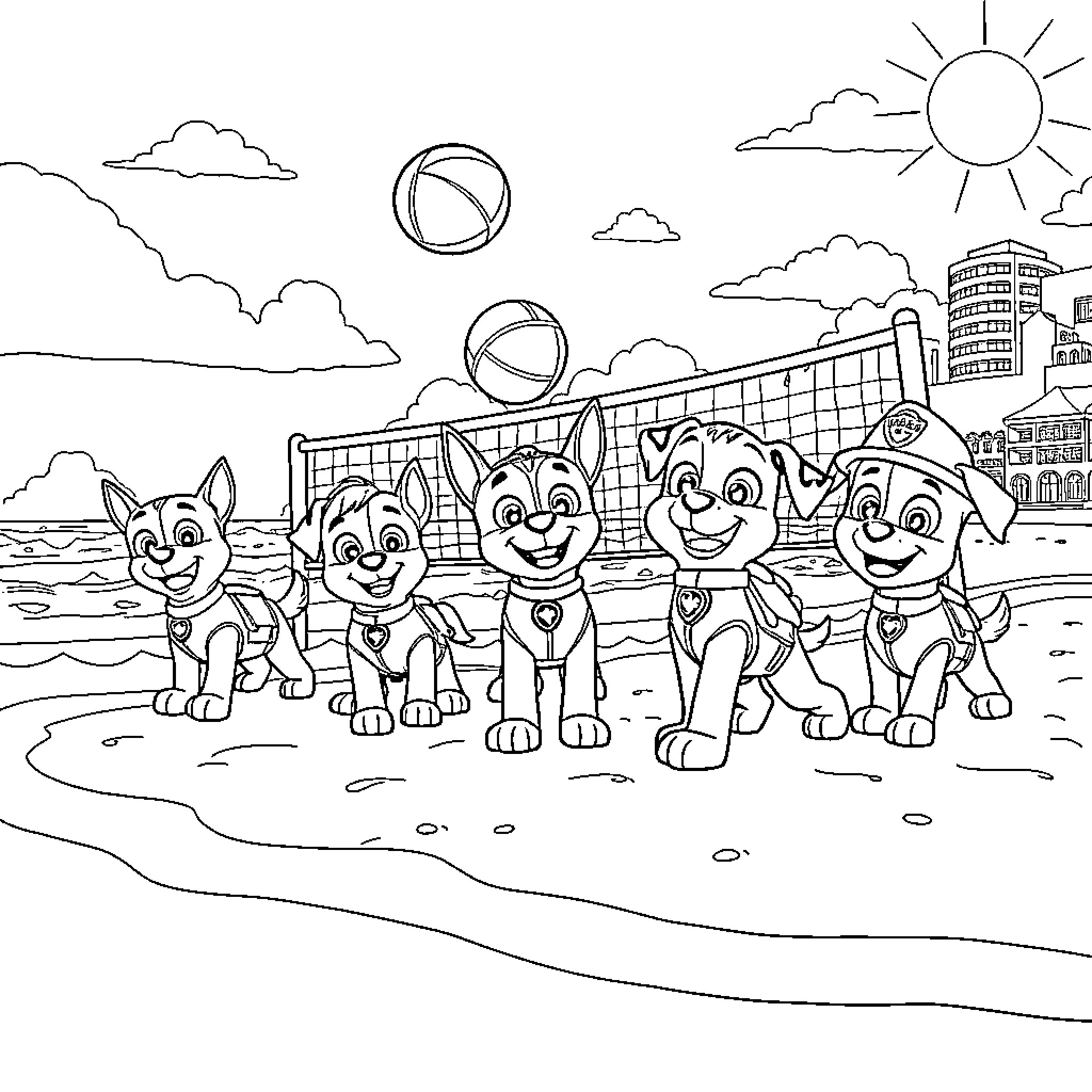 Paw Patrol playing on the beach Coloring Page (free black-and-white line drawing printable PDF for all, from beginners to advanced learners, including children, teens, adults, and seniors)
