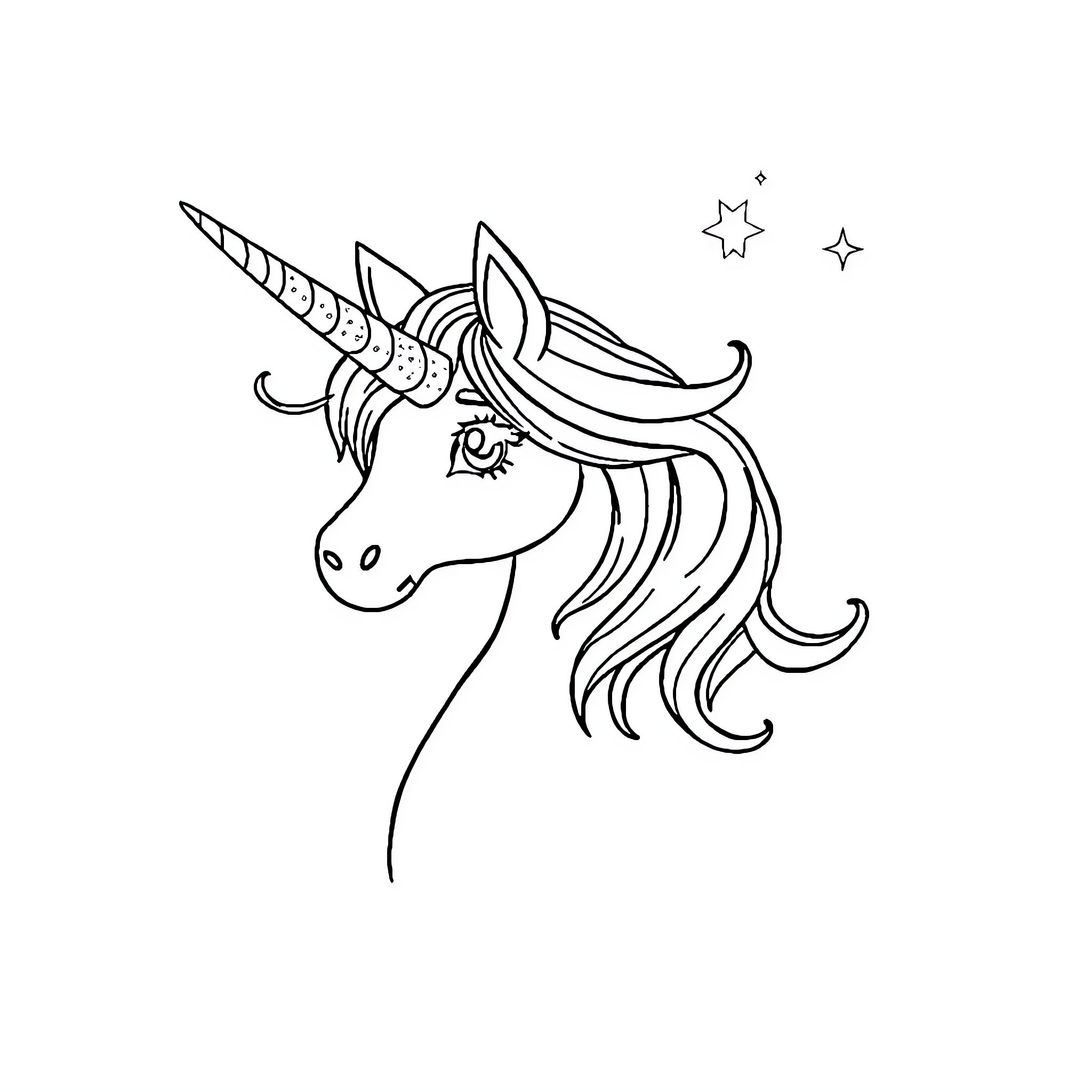 Unicorn with majestic mane and stars Coloring Page (free black-and-white line drawing printable PDF for all, from beginners to advanced learners, including children, teens, adults, and seniors)