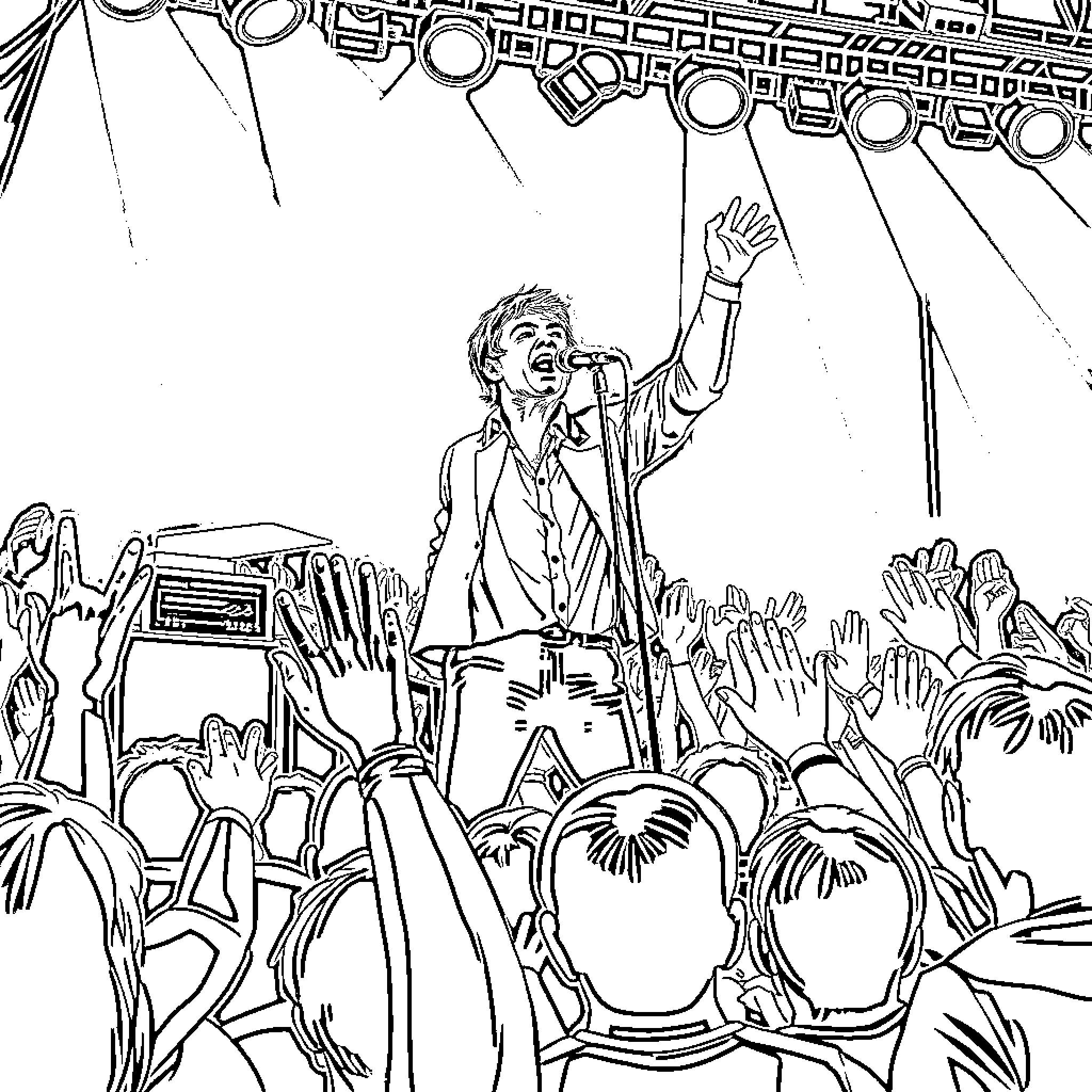Gordon Downie captivating an adoring audience on stage Coloring Page (free black-and-white line drawing printable PDF for all, from beginners to advanced learners, including children, teens, adults, and seniors)