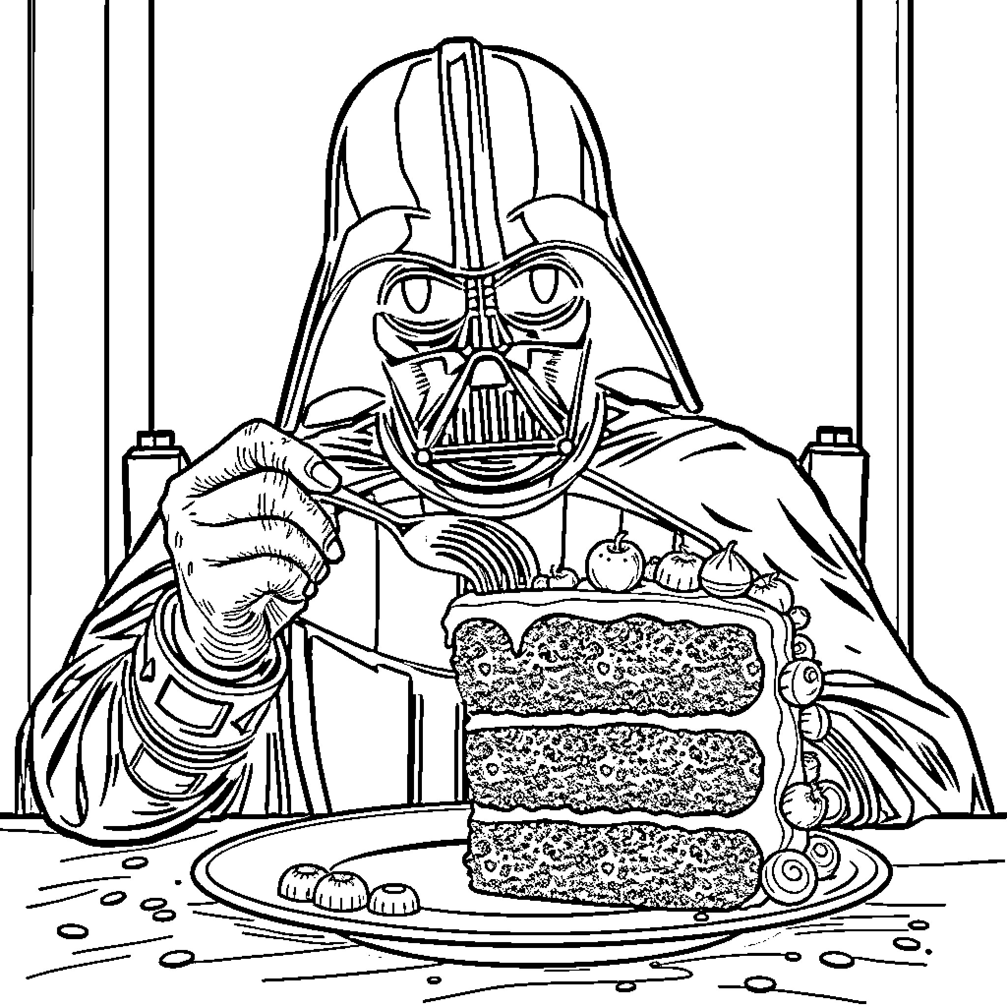 Darth Vader enjoying a slice of cake Coloring Page (free black-and-white line drawing printable PDF for all, from beginners to advanced learners, including children, teens, adults, and seniors)