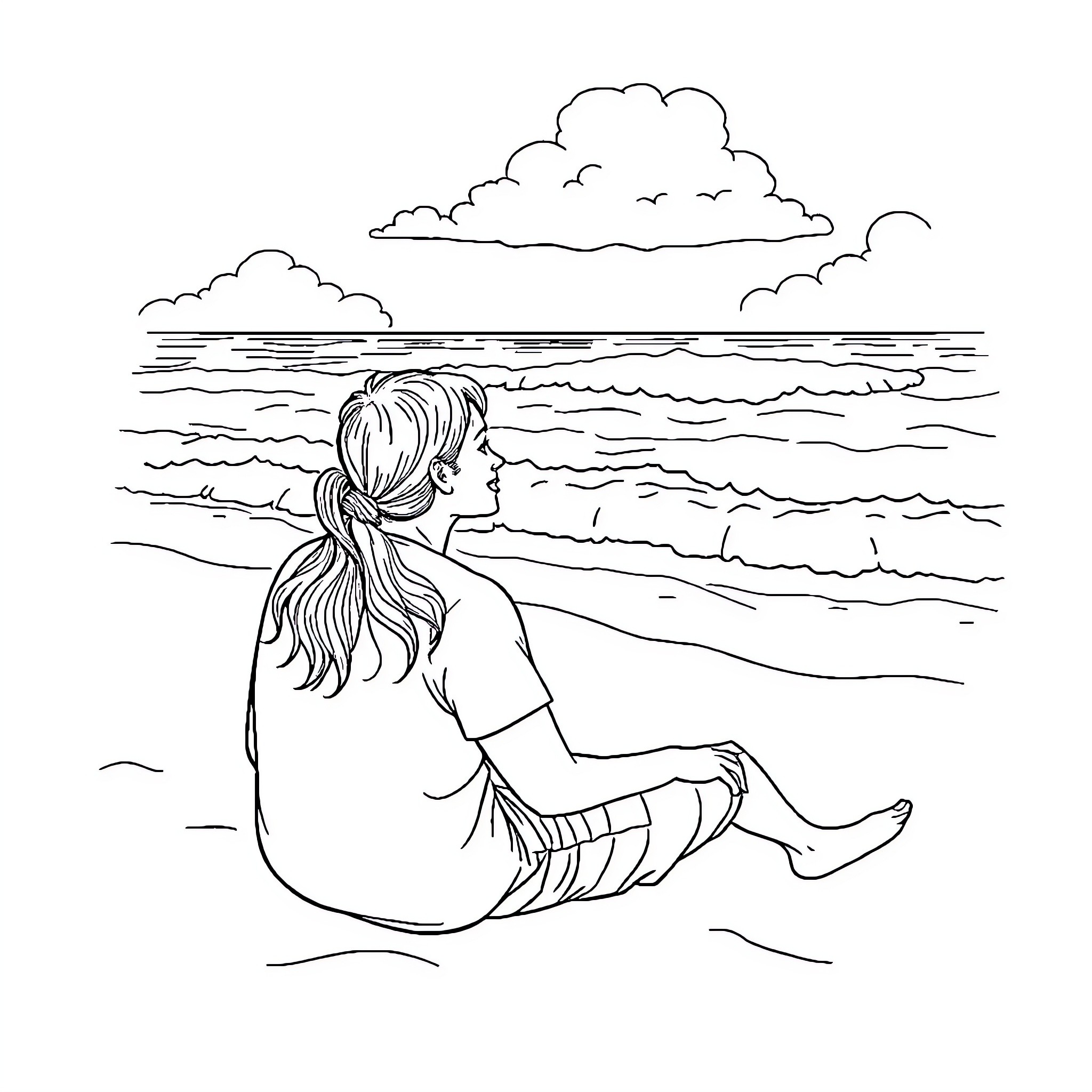 Girl contemplating the serene ocean view Coloring Page (free black-and-white line drawing printable PDF for all, from beginners to advanced learners, including children, teens, adults, and seniors)