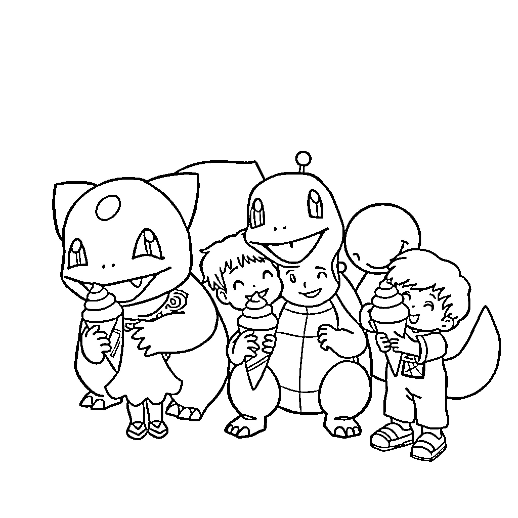 Pokémon characters in playful poses Coloring Page (free black-and-white line drawing printable PDF for all, from beginners to advanced learners, including children, teens, adults, and seniors)
