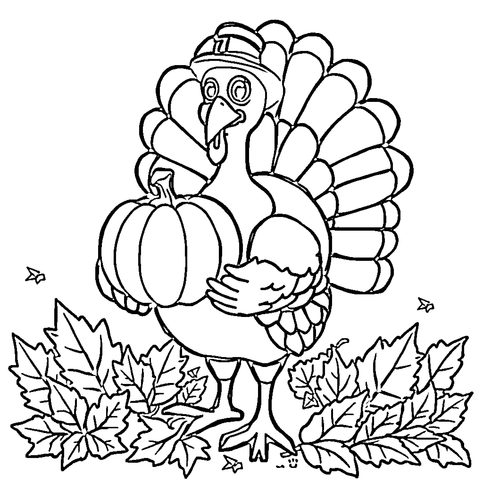 Turkey with pumpkin in autumn leaves Coloring Page (free black-and-white line drawing printable PDF for all, from beginners to advanced learners, including children, teens, adults, and seniors)