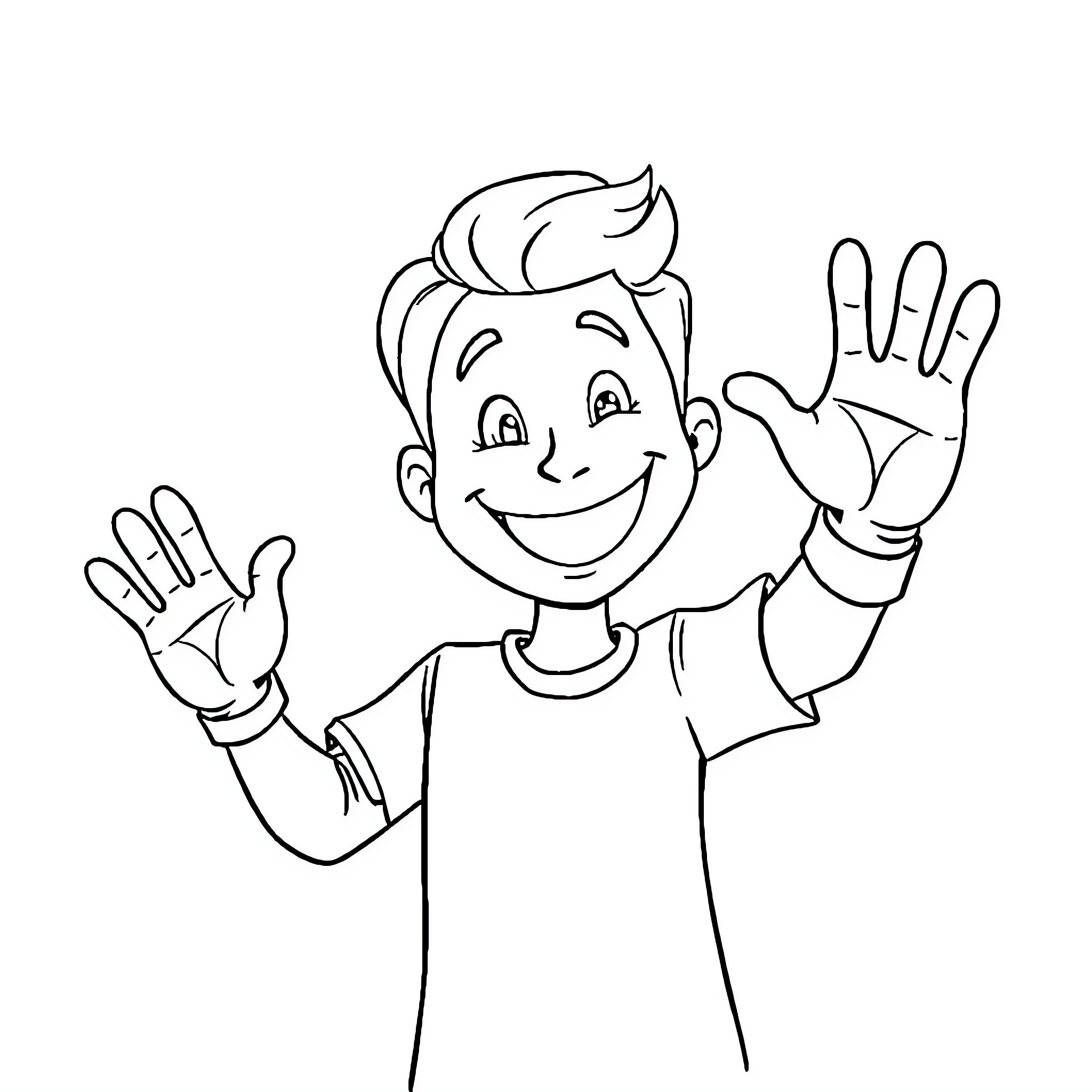 Hiii Friendly kid waving hands with joy Coloring Page (free black-and-white line drawing printable PDF for all, from beginners to advanced learners, including children, teens, adults, and seniors)
