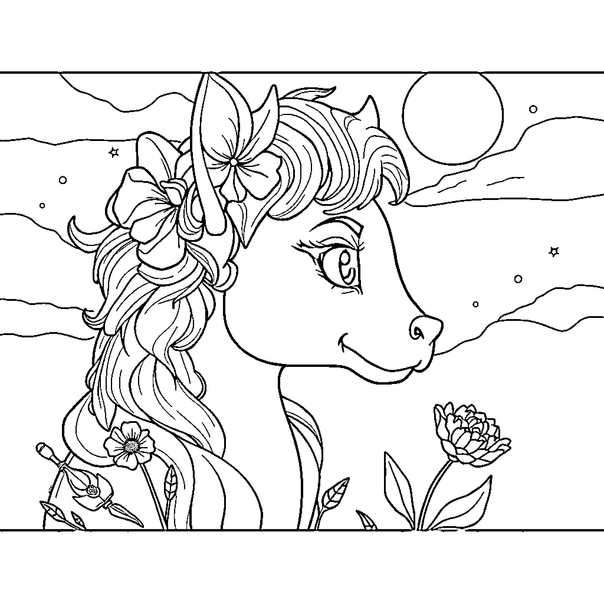 Girl with floral headpiece in night scene Coloring Page (free black-and-white line drawing printable PDF for all, from beginners to advanced learners, including children, teens, adults, and seniors)