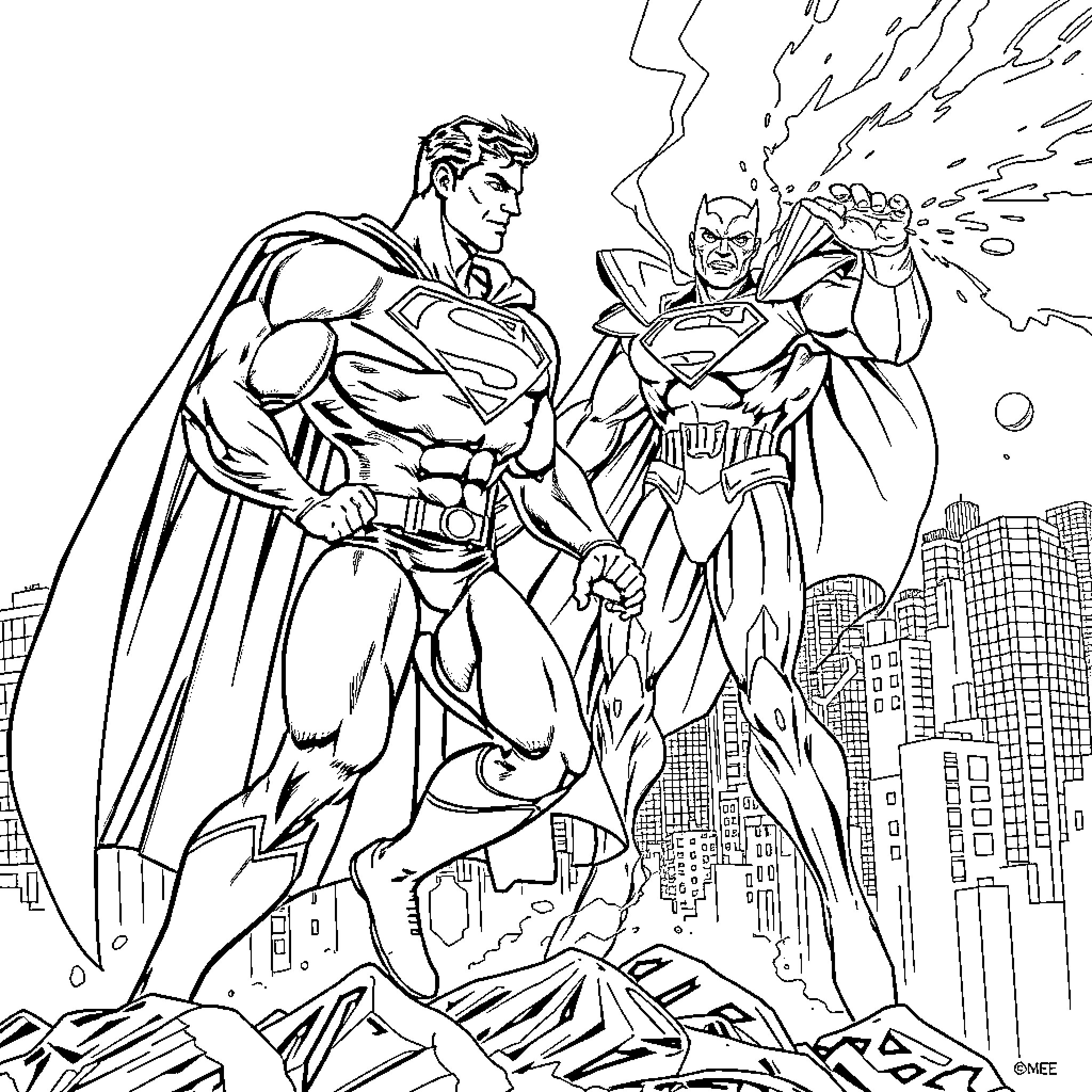 Superman and Batman fight crime in the city Coloring Page (free black-and-white line drawing printable PDF for all, from beginners to advanced learners, including children, teens, adults, and seniors)