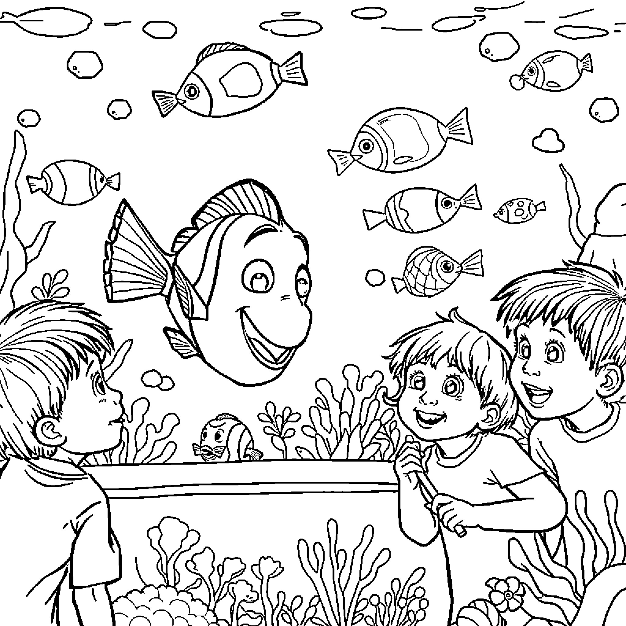 Nemo and friends explore the colorful underwater world Coloring Page (free black-and-white line drawing printable PDF for all, from beginners to advanced learners, including children, teens, adults, and seniors)
