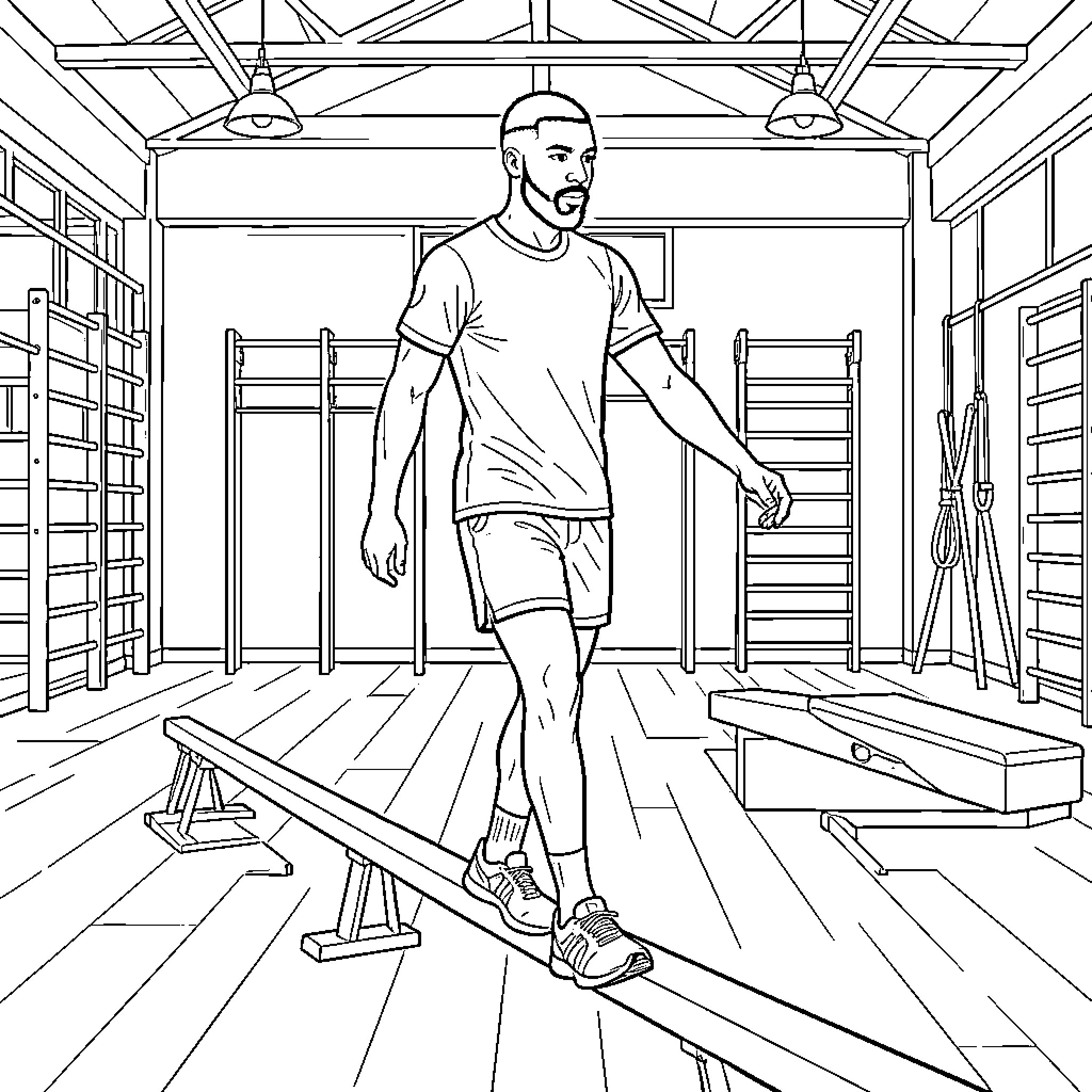 Mbappe walking across a balance beam in a gym Coloring Page (free black-and-white line drawing printable PDF for all, from beginners to advanced learners, including children, teens, adults, and seniors)