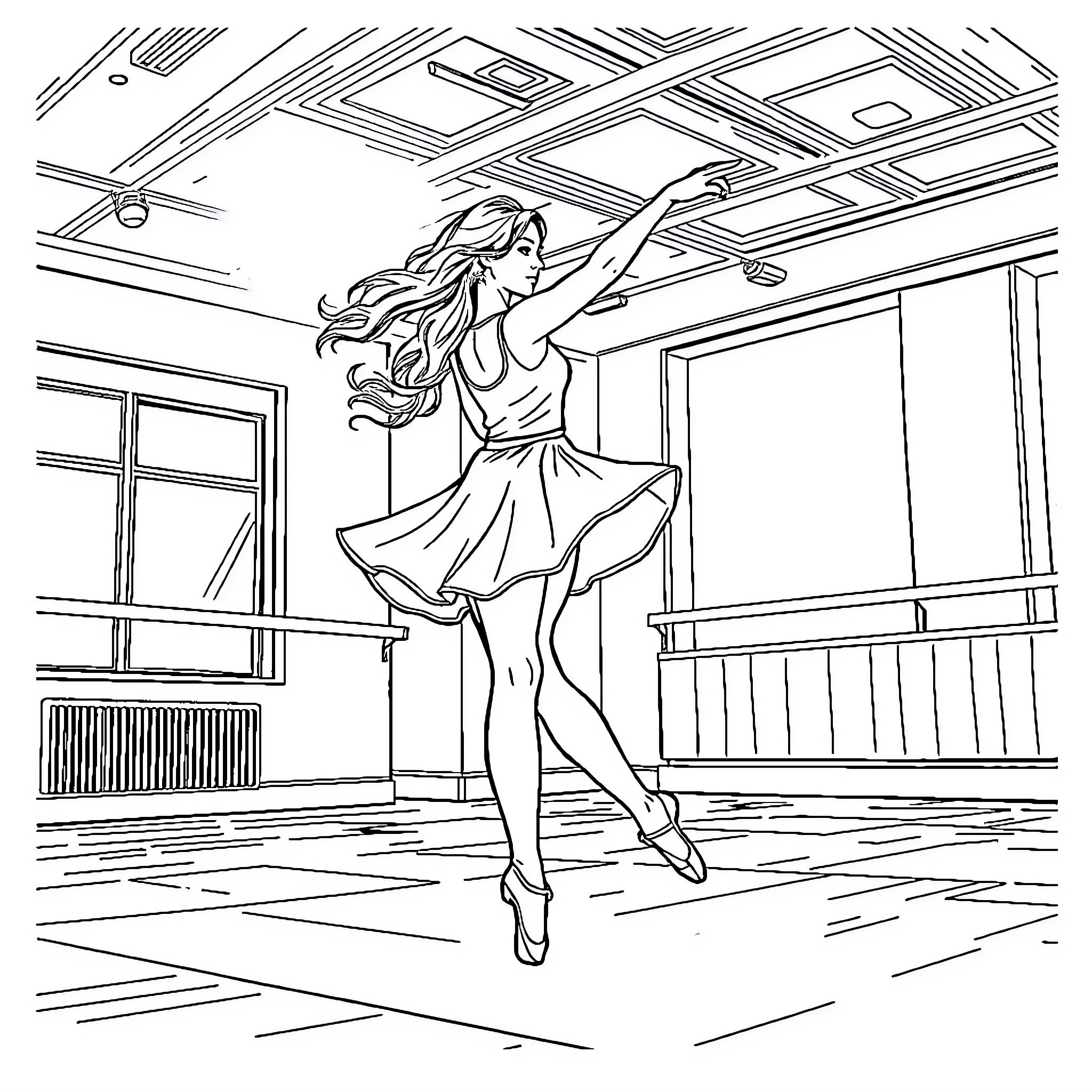 Dancer gracefully leaping in studio Coloring Page (free black-and-white line drawing printable PDF for all, from beginners to advanced learners, including children, teens, adults, and seniors)