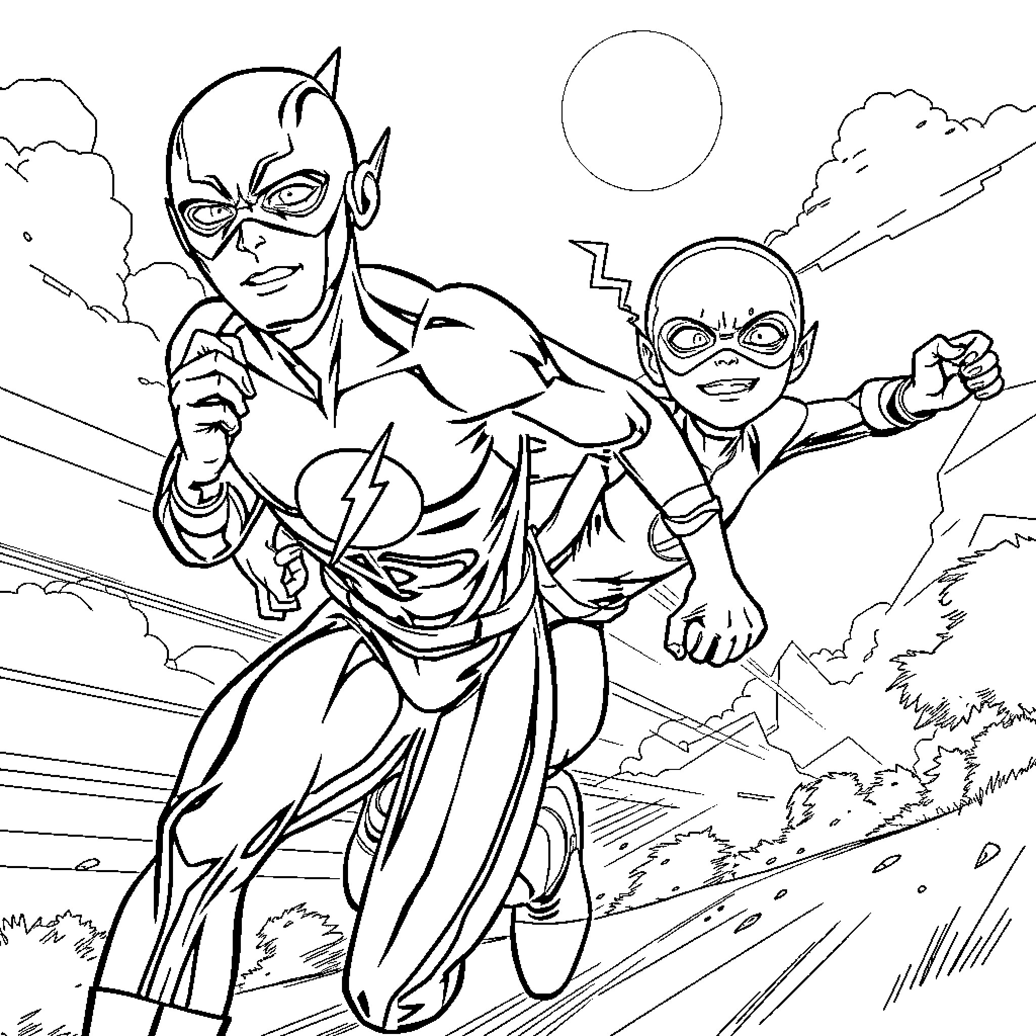 Flash heroes soar through the sky Coloring Page (free black-and-white line drawing printable PDF for all, from beginners to advanced learners, including children, teens, adults, and seniors)