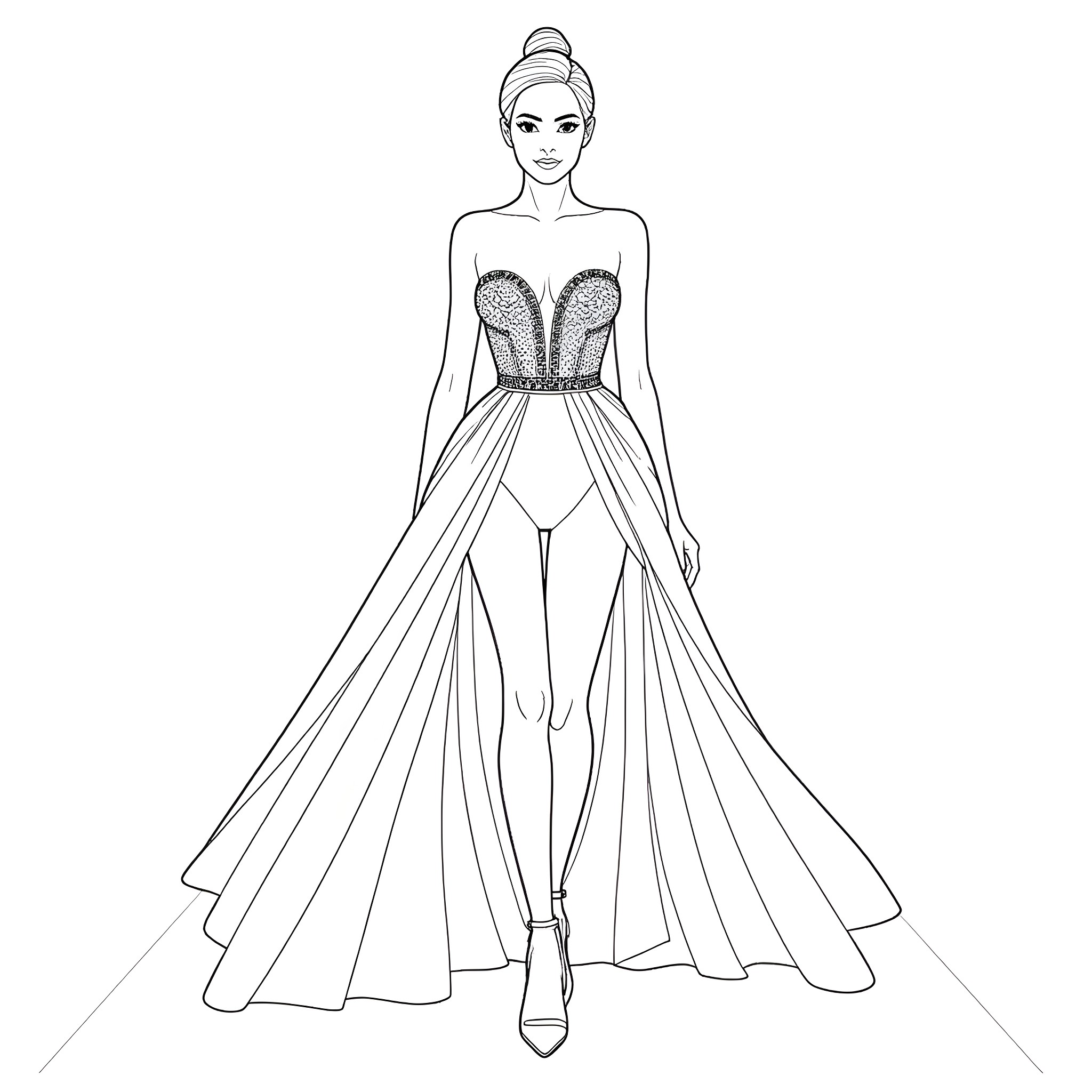 Model in elegant evening gown Coloring Page (free black-and-white line drawing printable PDF for all, from beginners to advanced learners, including children, teens, adults, and seniors)