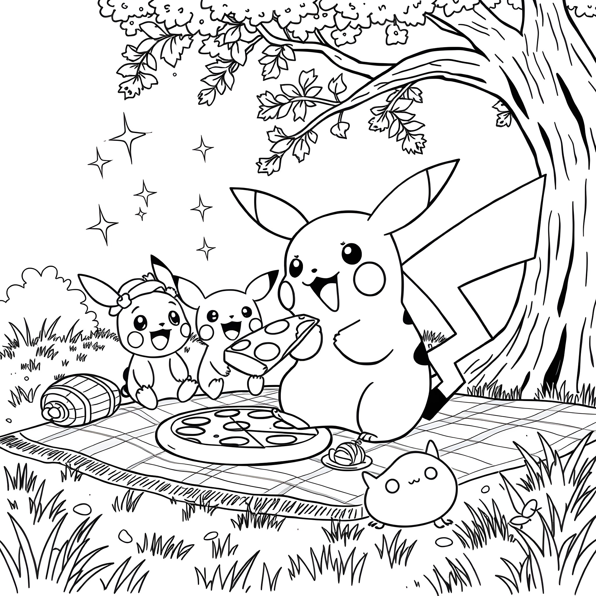Pikachu and friends enjoying a picnic under the tree Coloring Page (free black-and-white line drawing printable PDF for all, from beginners to advanced learners, including children, teens, adults, and seniors)