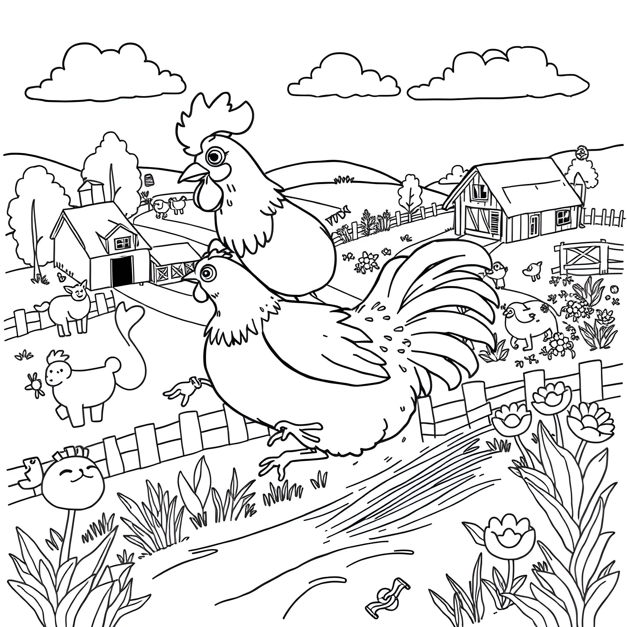 Chicken wandering through a vibrant farmyard scene Coloring Page (free black-and-white line drawing printable PDF for all, from beginners to advanced learners, including children, teens, adults, and seniors)