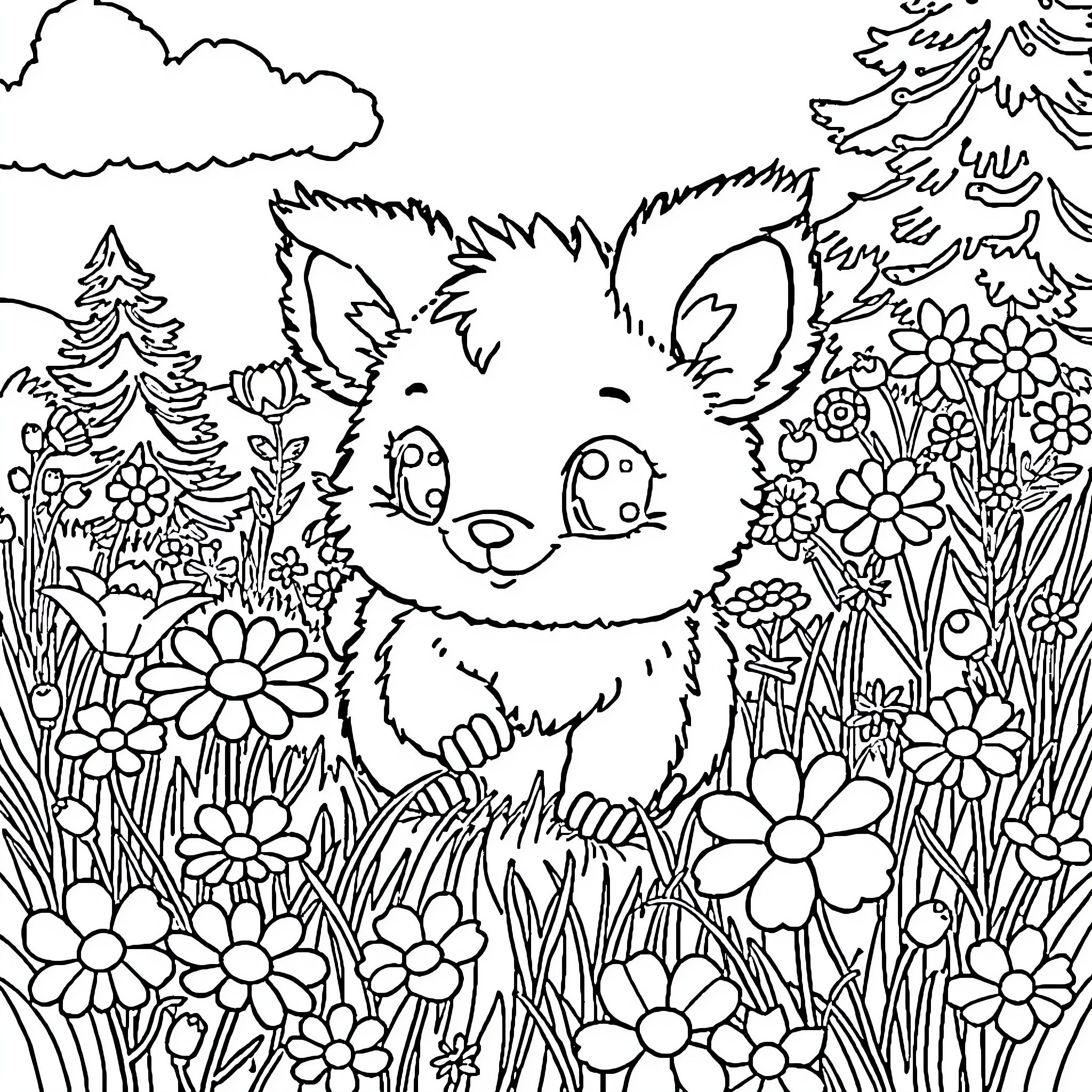 Labubu's Playful Garden Adventure Coloring Page (free black-and-white line drawing printable PDF for all, from beginners to advanced learners, including children, teens, adults, and seniors)
