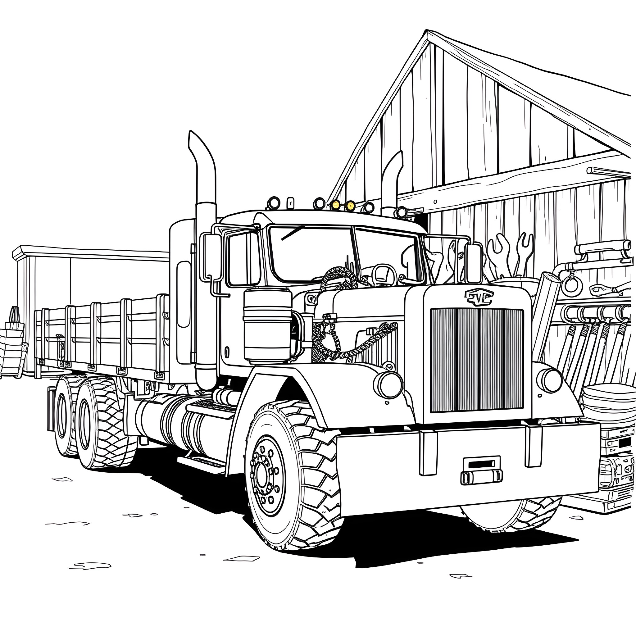 Flatbed truck carrying materials on construction site Coloring Page (free black-and-white line drawing printable PDF for all, from beginners to advanced learners, including children, teens, adults, and seniors)