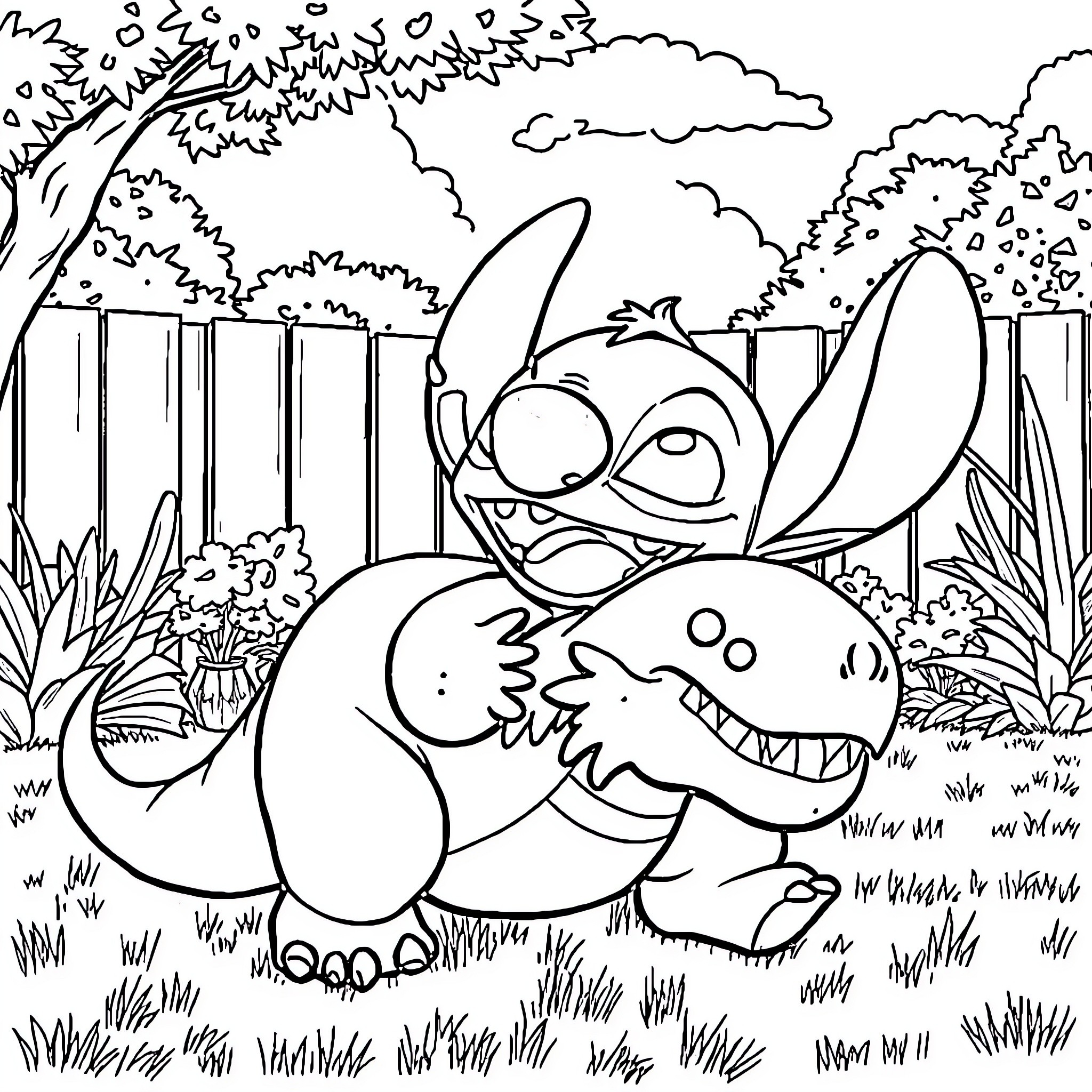 Stitch mischievously exploring the garden Coloring Page (free black-and-white line drawing printable PDF for all, from beginners to advanced learners, including children, teens, adults, and seniors)