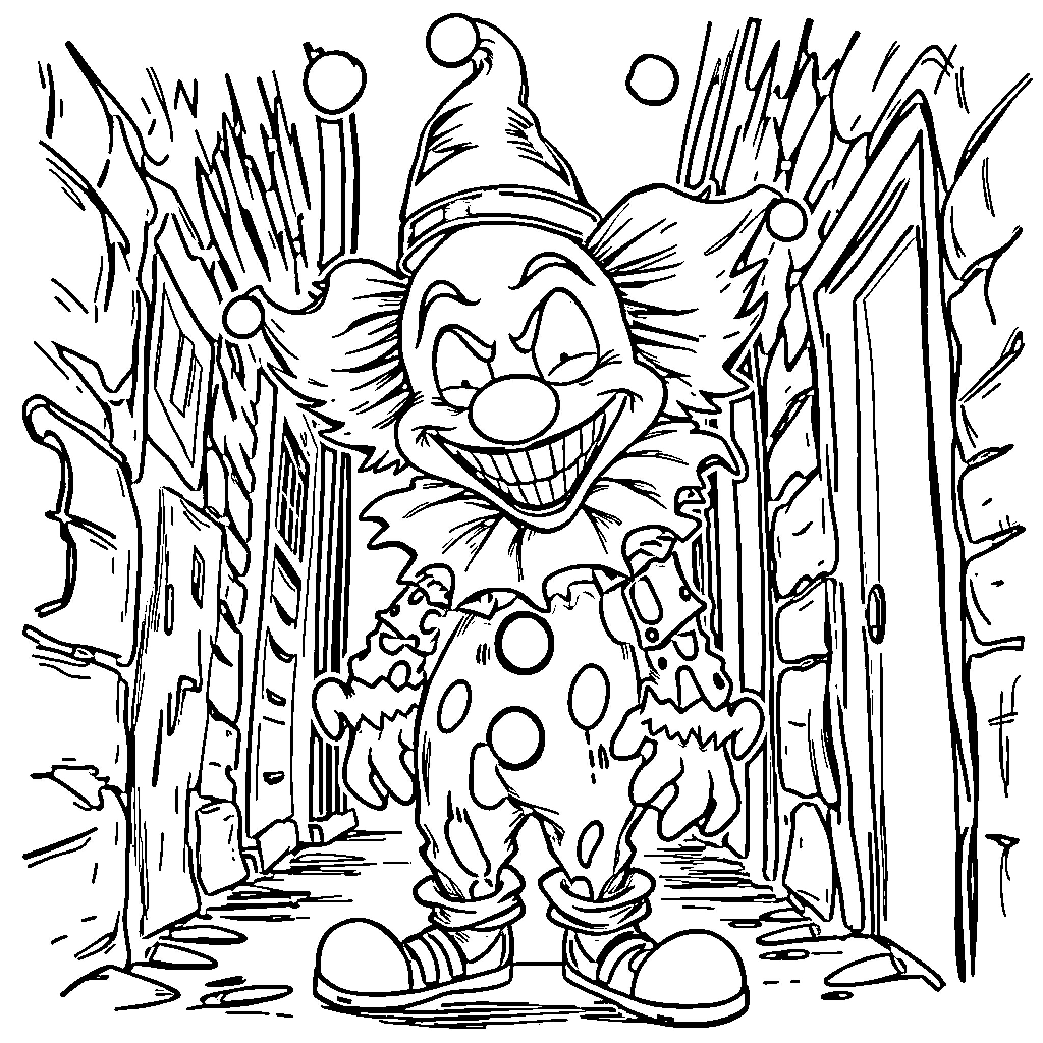 Clown with a mischievous grin in a surreal environment Coloring Page (free black-and-white line drawing printable PDF for all, from beginners to advanced learners, including children, teens, adults, and seniors)