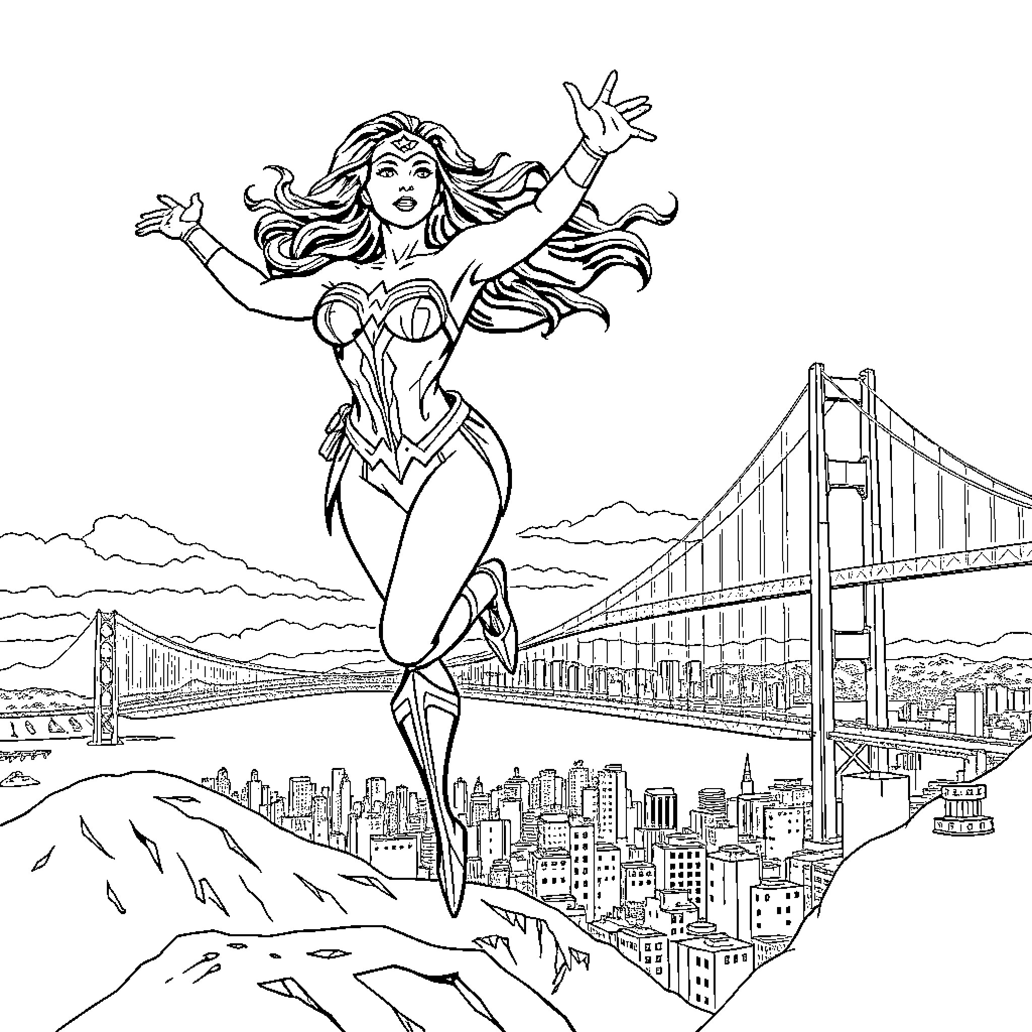 Wonder Woman heroically soaring over the city Coloring Page (free black-and-white line drawing printable PDF for all, from beginners to advanced learners, including children, teens, adults, and seniors)