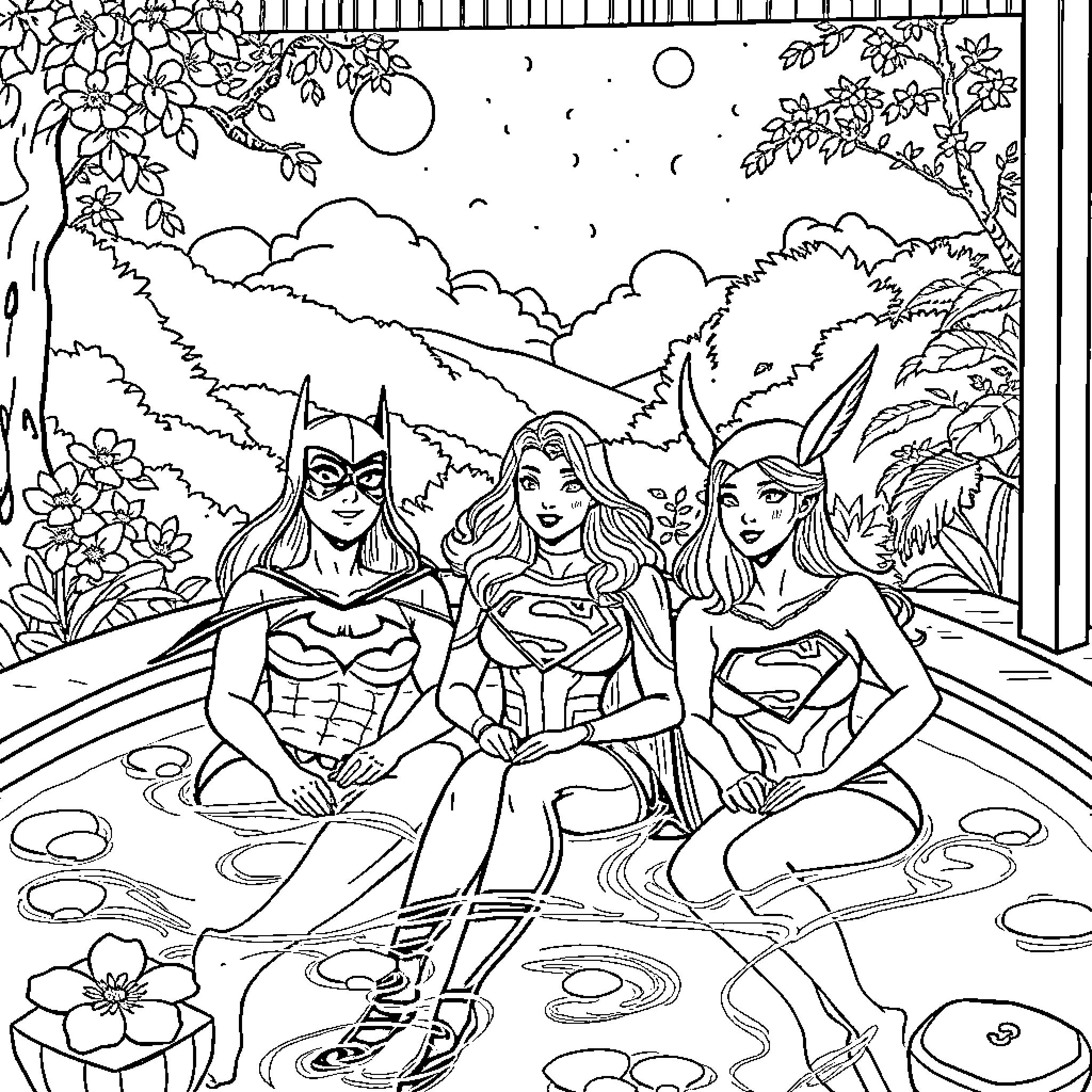 Batgirl and Friends Enjoying Nature's Wonders Coloring Page (free black-and-white line drawing printable PDF for all, from beginners to advanced learners, including children, teens, adults, and seniors)
