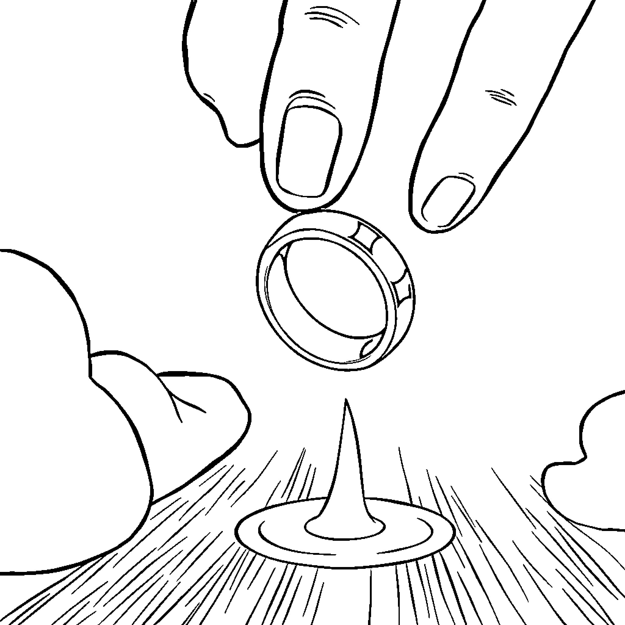 Ring Dropped on Shiny Surface Coloring Page (free black-and-white line drawing printable PDF for all, from beginners to advanced learners, including children, teens, adults, and seniors)