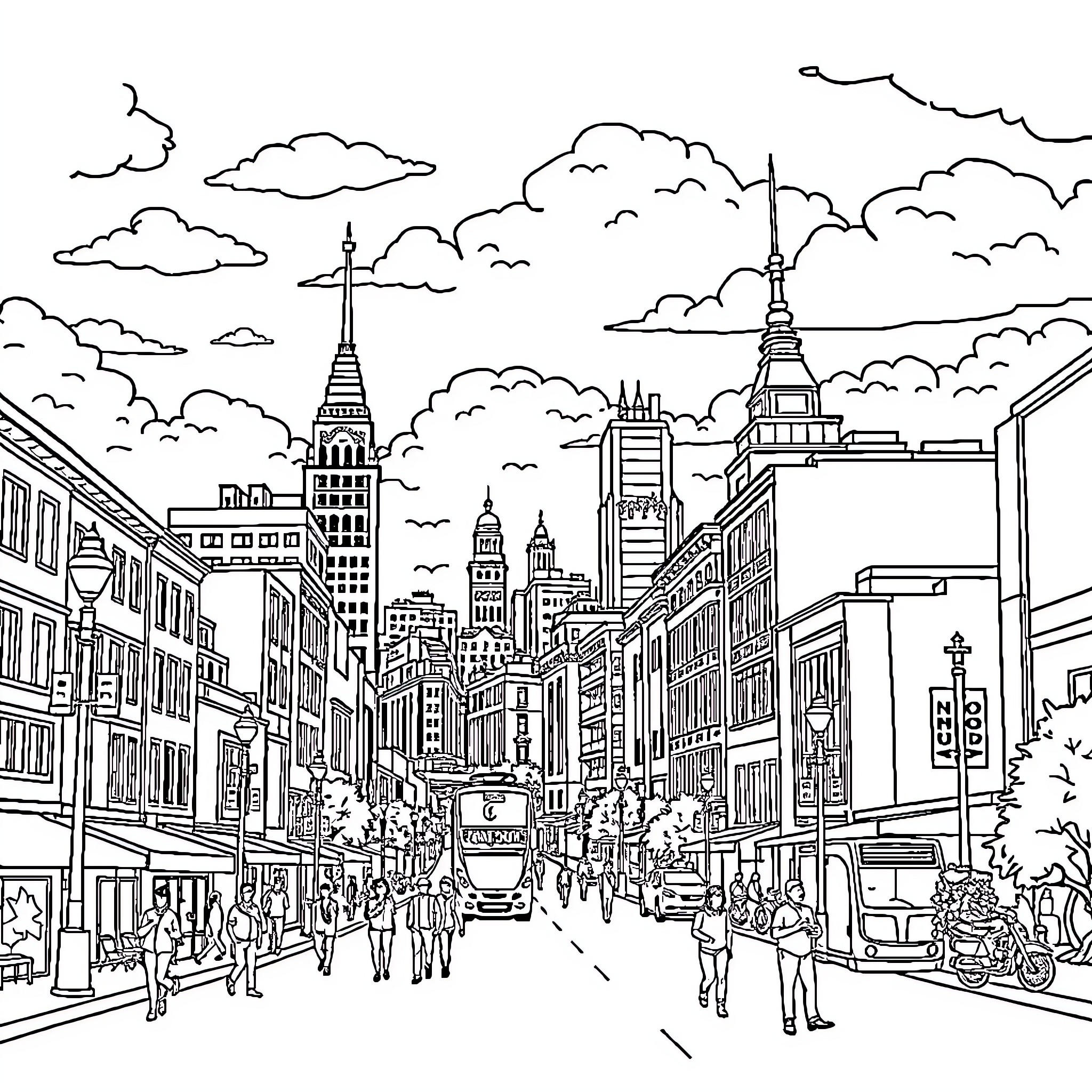 HSV: Bustling Cityscape with Iconic Landmarks Coloring Page (free black-and-white line drawing printable PDF for all, from beginners to advanced learners, including children, teens, adults, and seniors)