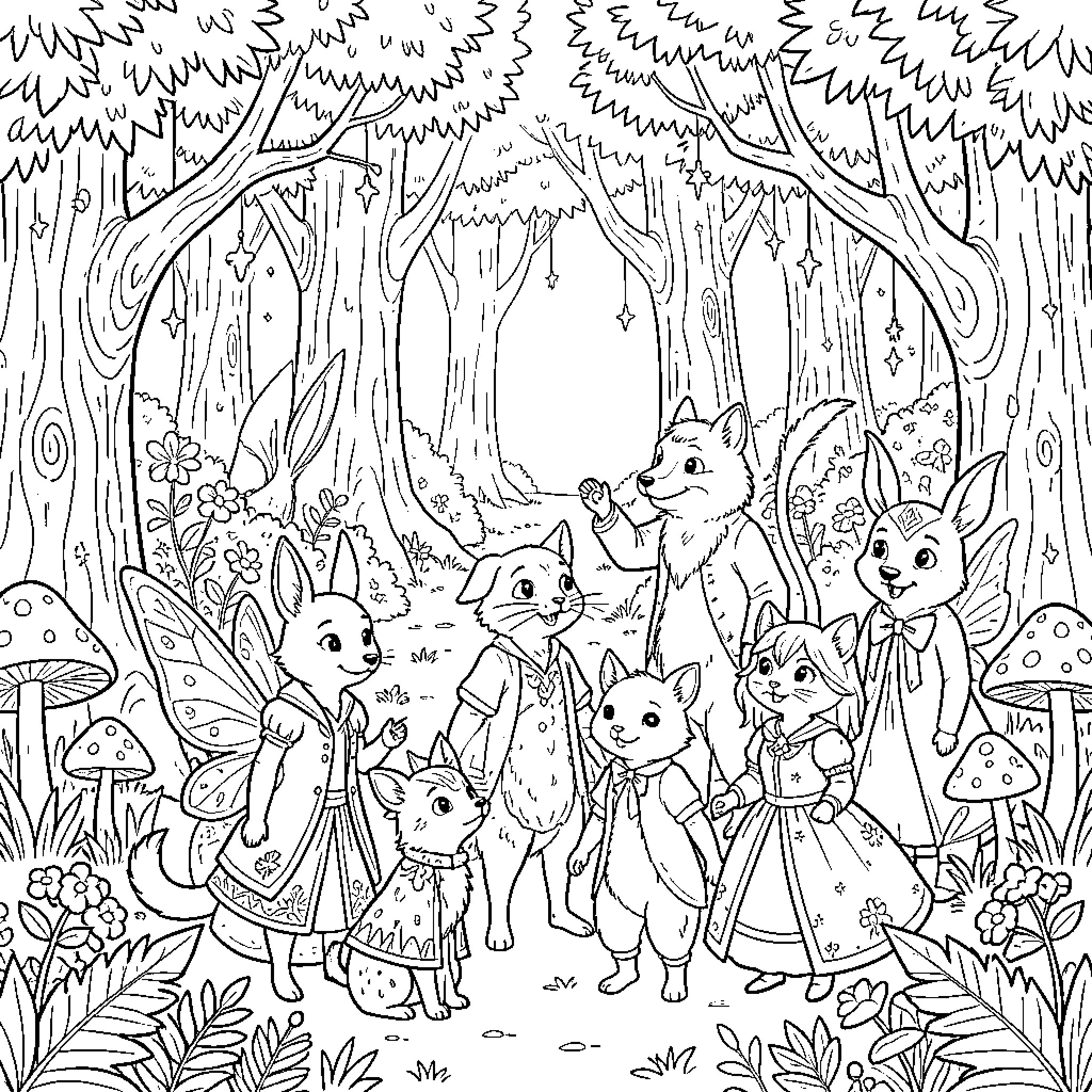 Fairy Tale Creature gathering with friends in a forest Coloring Page (free black-and-white line drawing printable PDF for all, from beginners to advanced learners, including children, teens, adults, and seniors)