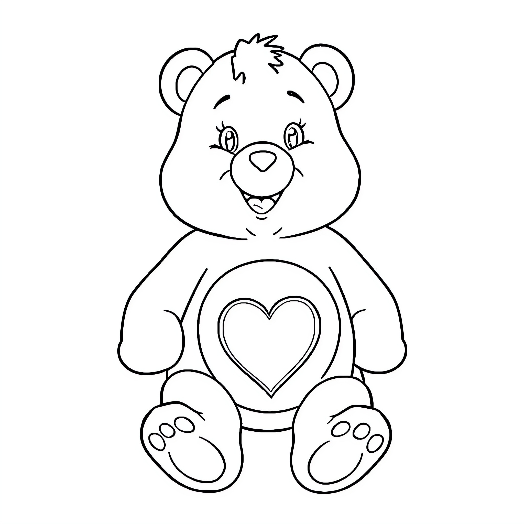 Care Bear with Heart Emblem Sitting Happily Coloring Page (free black-and-white line drawing printable PDF for all, from beginners to advanced learners, including children, teens, adults, and seniors)