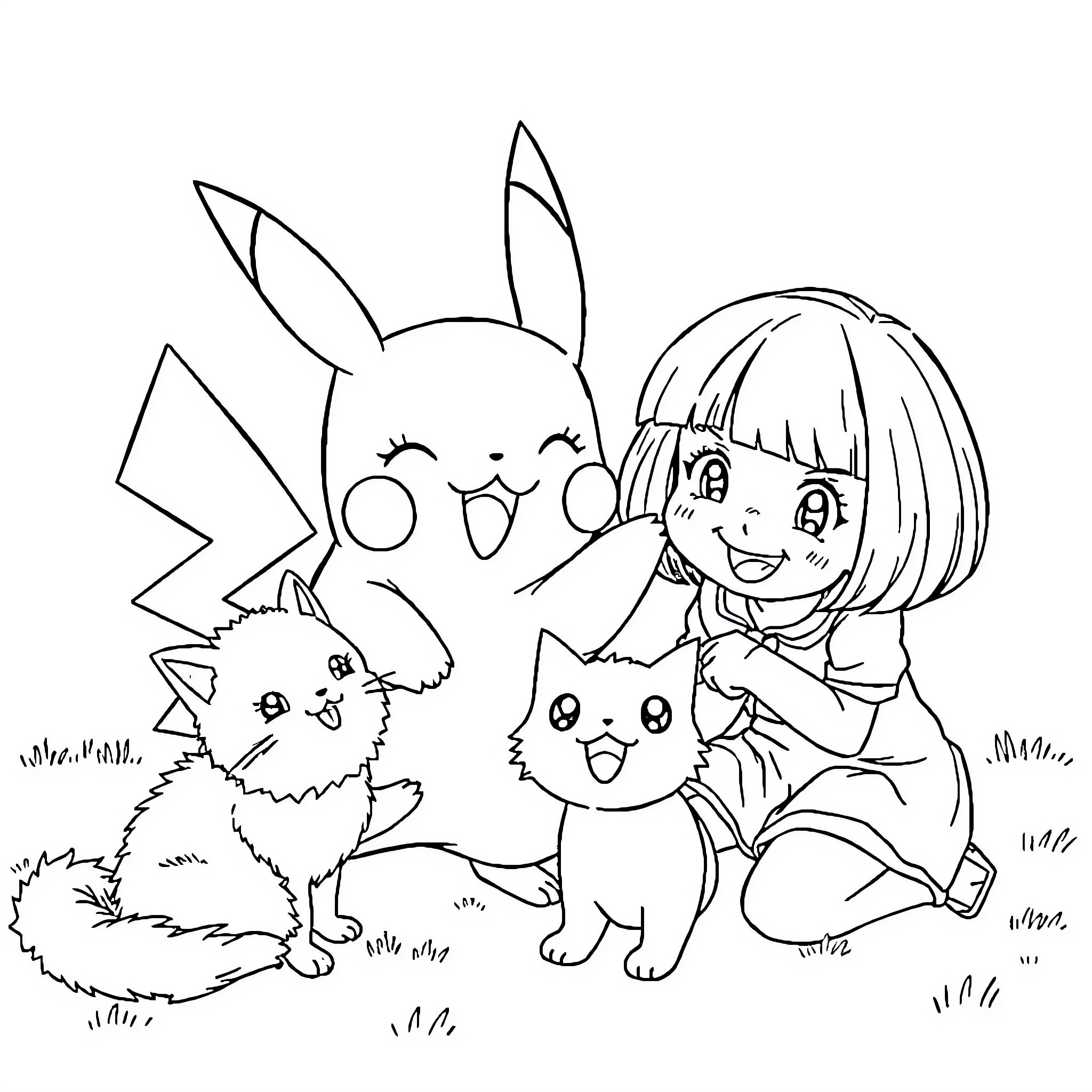 Pikachu and friends playing together happily Coloring Page (free black-and-white line drawing printable PDF for all, from beginners to advanced learners, including children, teens, adults, and seniors)