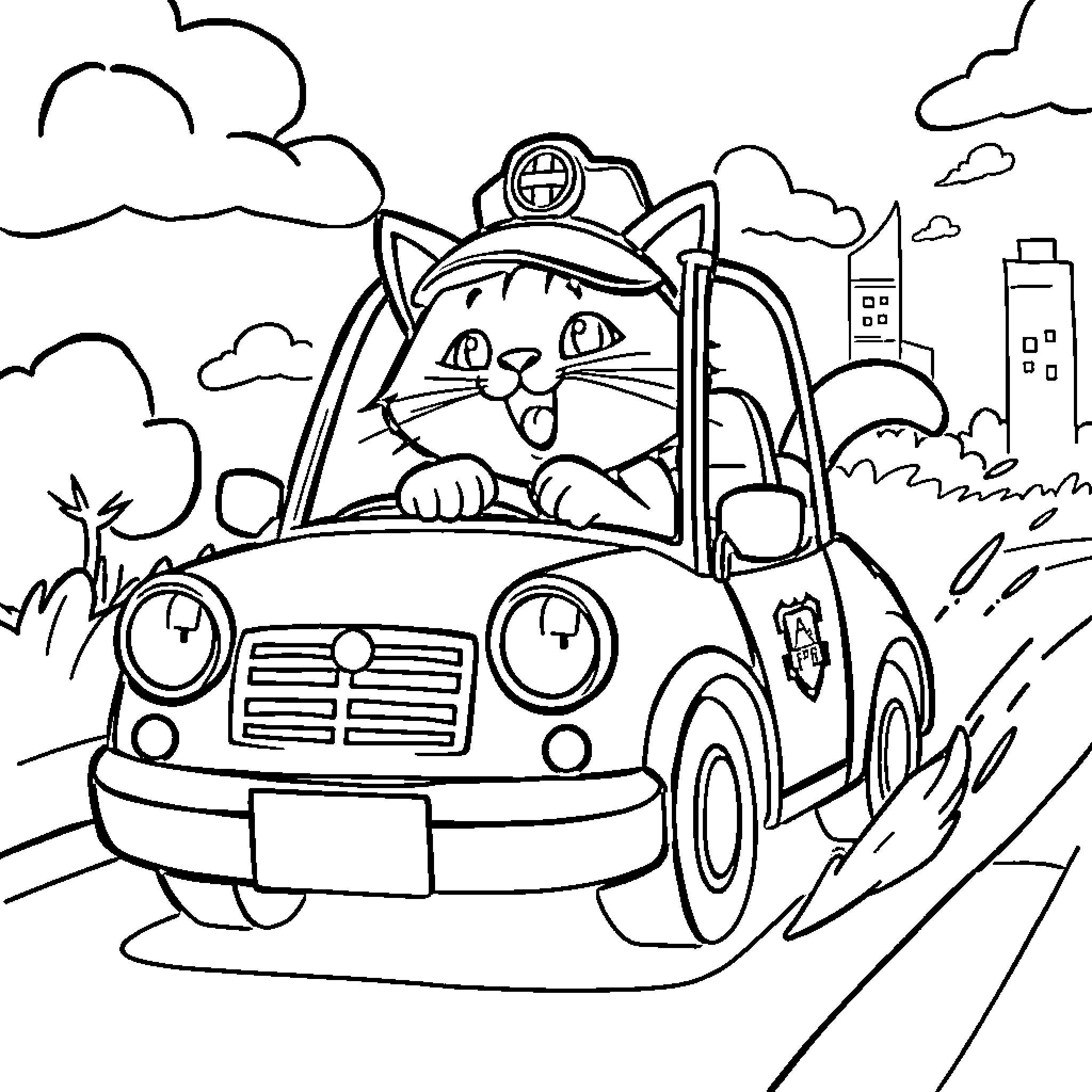 Cat driving car in the city Coloring Page (free black-and-white line drawing printable PDF for all, from beginners to advanced learners, including children, teens, adults, and seniors)