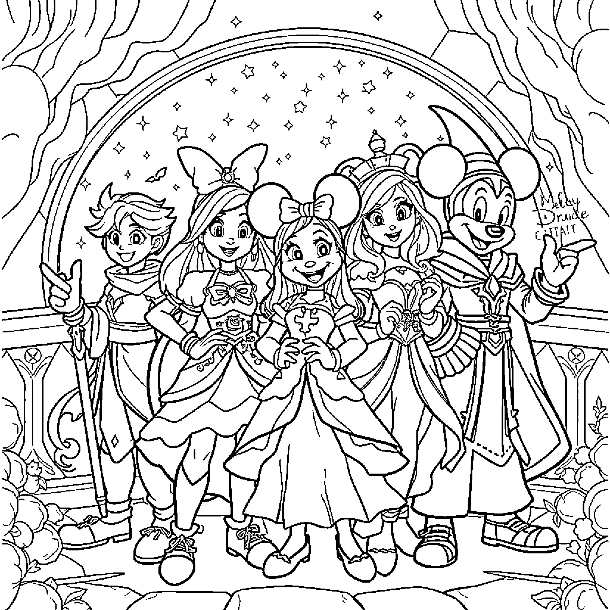 League of Legends: Disney Princesses gather for a magical adventure Coloring Page (free black-and-white line drawing printable PDF for all, from beginners to advanced learners, including children, teens, adults, and seniors)