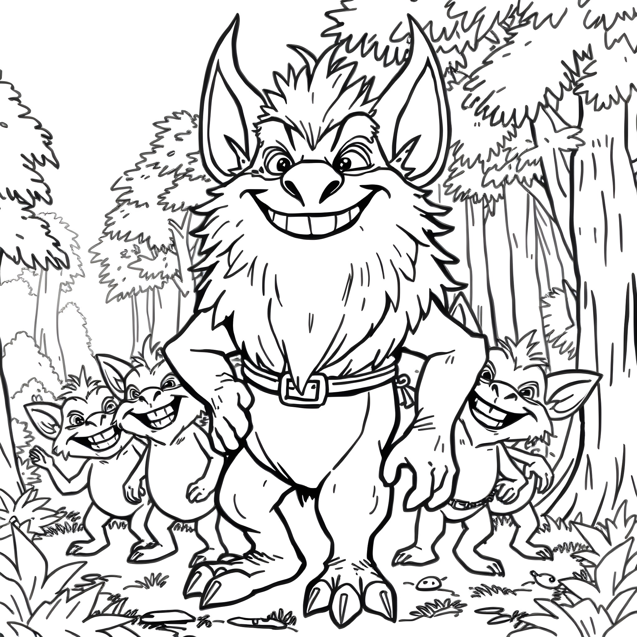 Bokoblin grinning mischievously with companions in the forest Coloring Page (free black-and-white line drawing printable PDF for all, from beginners to advanced learners, including children, teens, adults, and seniors)