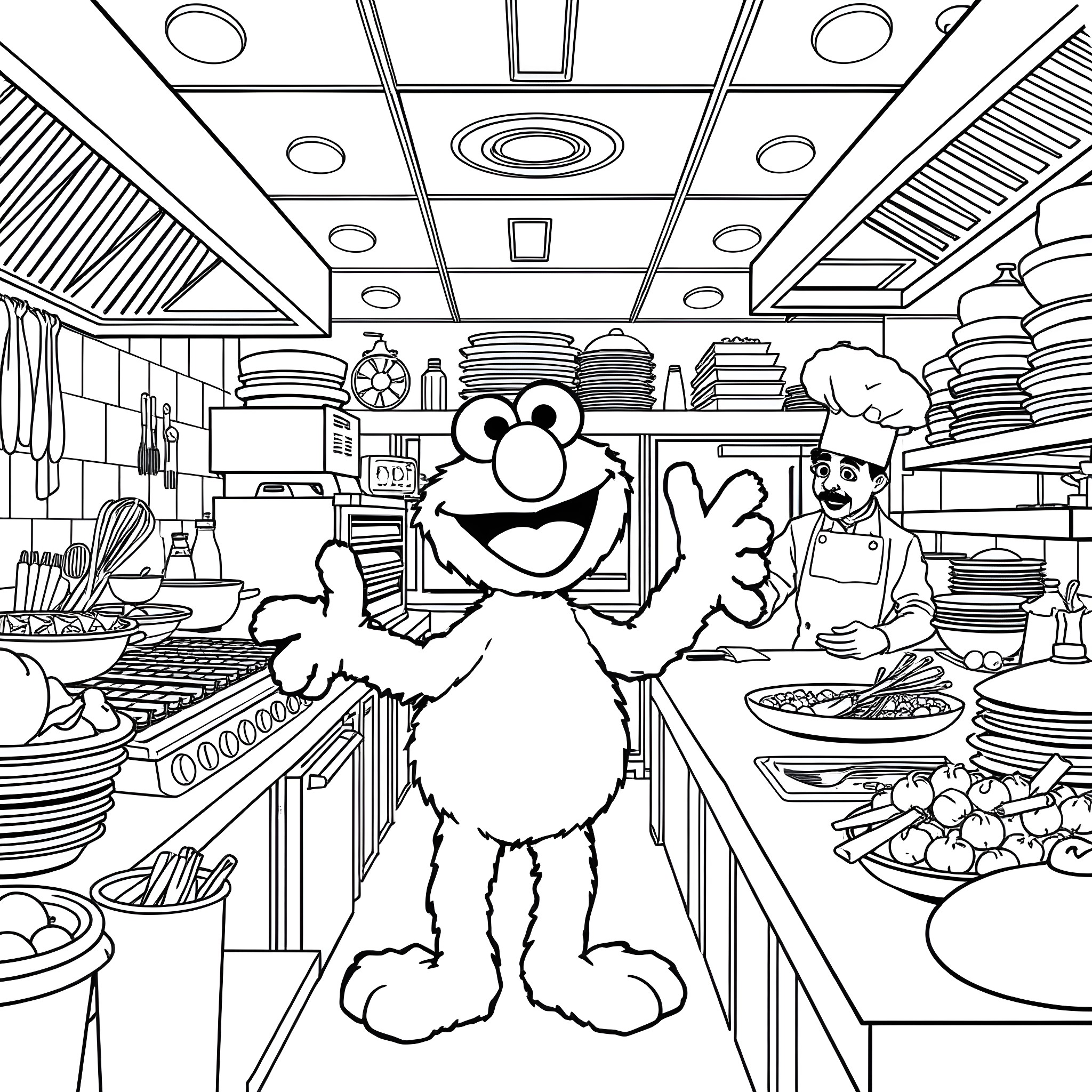 Elmo's Busy Day in the Kitchen Coloring Page (free black-and-white line drawing printable PDF for all, from beginners to advanced learners, including children, teens, adults, and seniors)