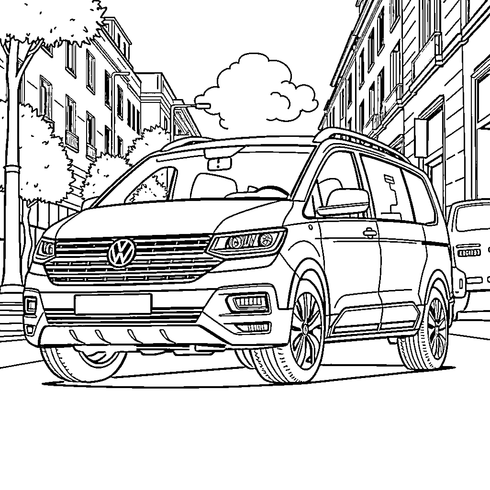 Volkswagen T-Cross driving through a city street Coloring Page (free black-and-white line drawing printable PDF for all, from beginners to advanced learners, including children, teens, adults, and seniors)