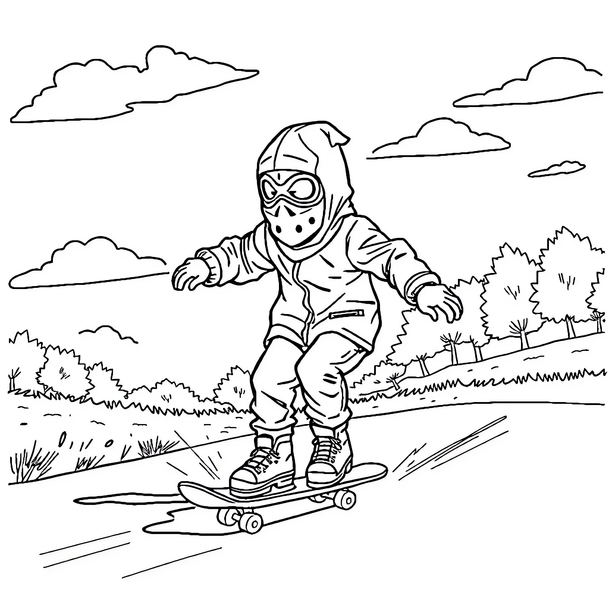 Pijamas on the Skateboard in the Park Coloring Page (free black-and-white line drawing printable PDF for all, from beginners to advanced learners, including children, teens, adults, and seniors)