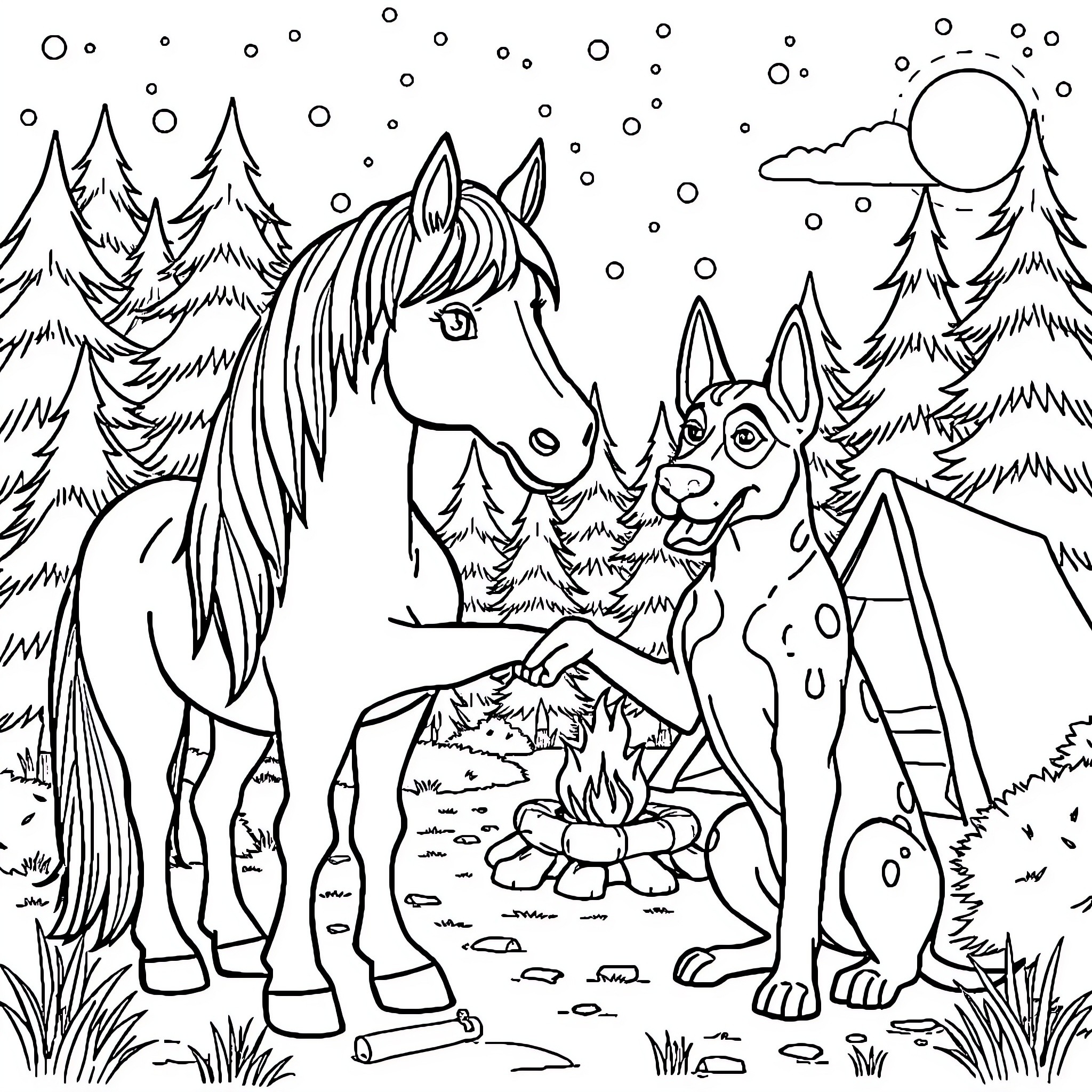 Pony and Rabbit Enjoy Campfire in Snowy Forest Coloring Page (free black-and-white line drawing printable PDF for all, from beginners to advanced learners, including children, teens, adults, and seniors)