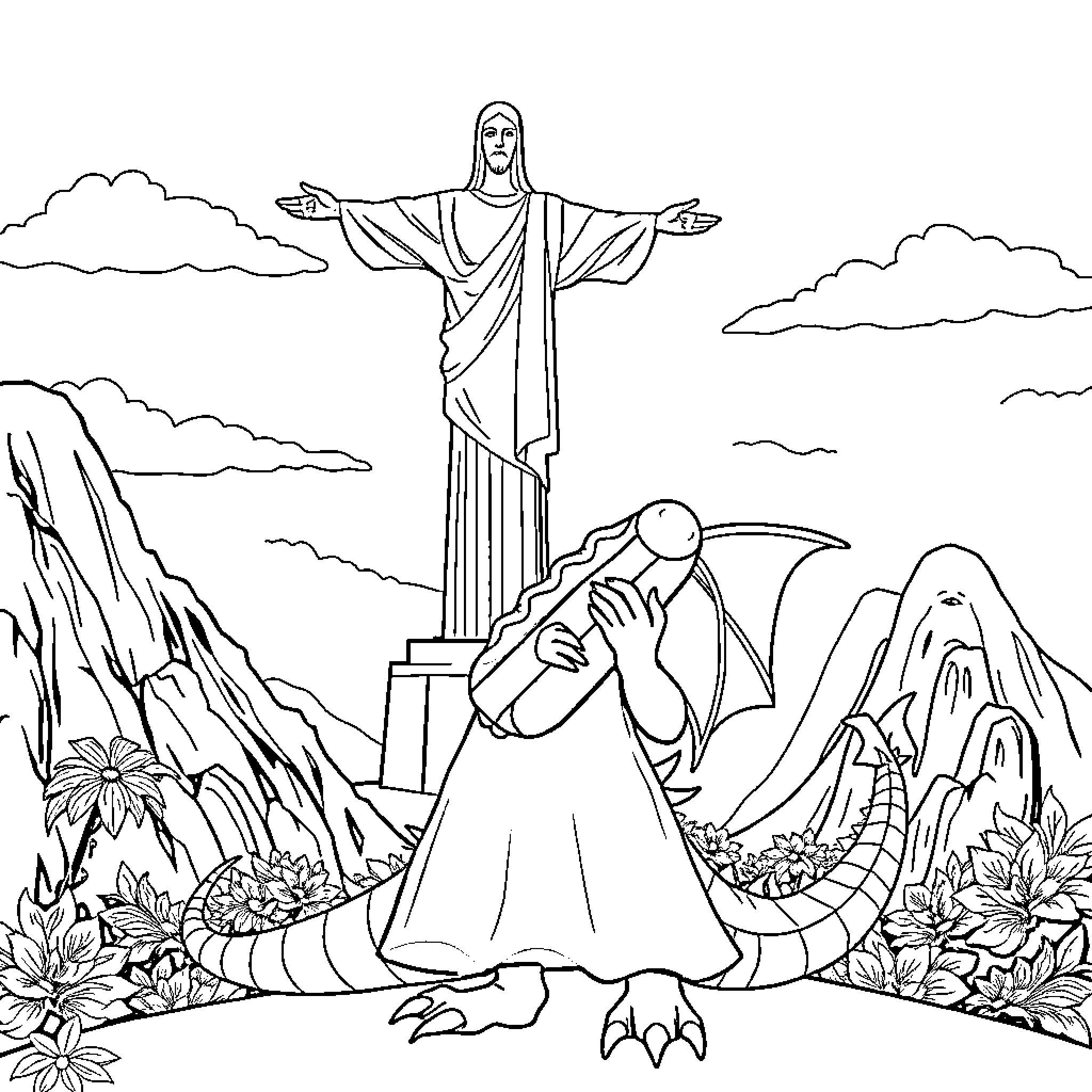 Dragon Worshiped by Kneeling Figure in Mountainous Landscape Coloring Page (free black-and-white line drawing printable PDF for all, from beginners to advanced learners, including children, teens, adults, and seniors)