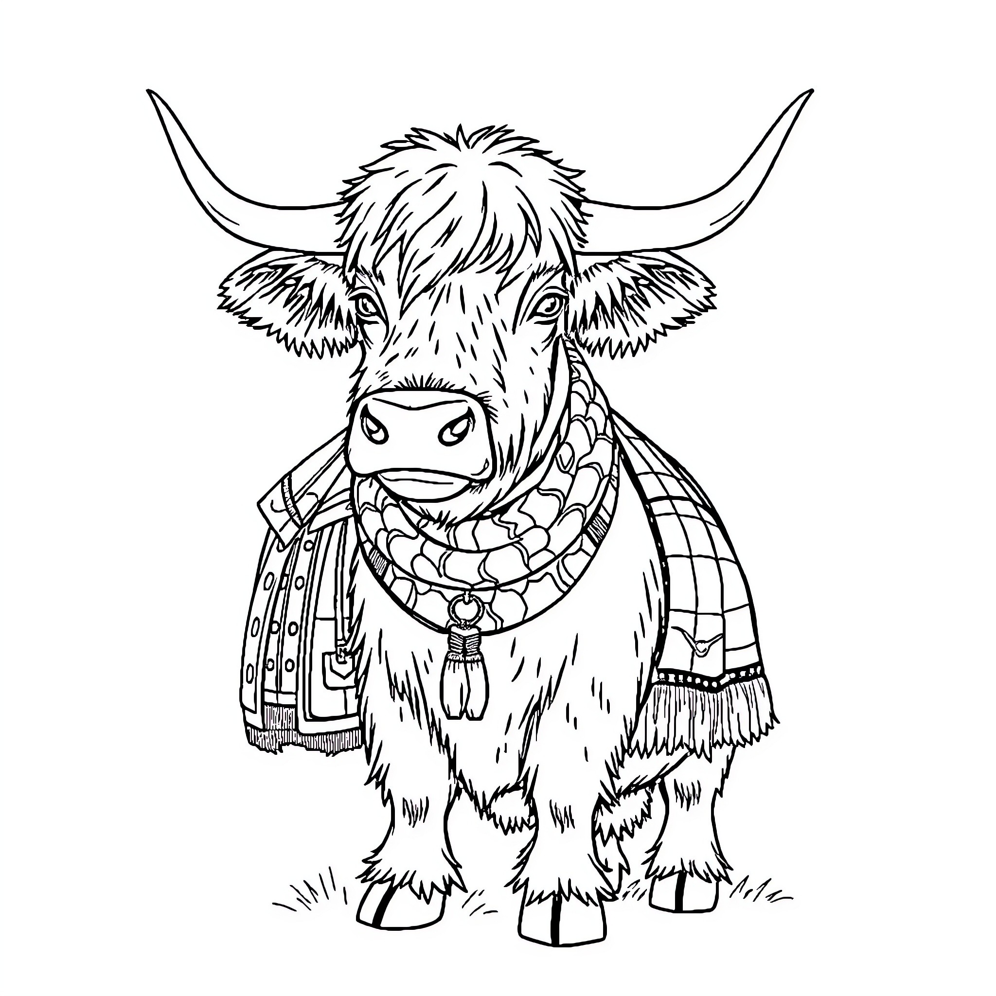 Highland Cow dressed in warm winter attire Coloring Page (free black-and-white line drawing printable PDF for all, from beginners to advanced learners, including children, teens, adults, and seniors)