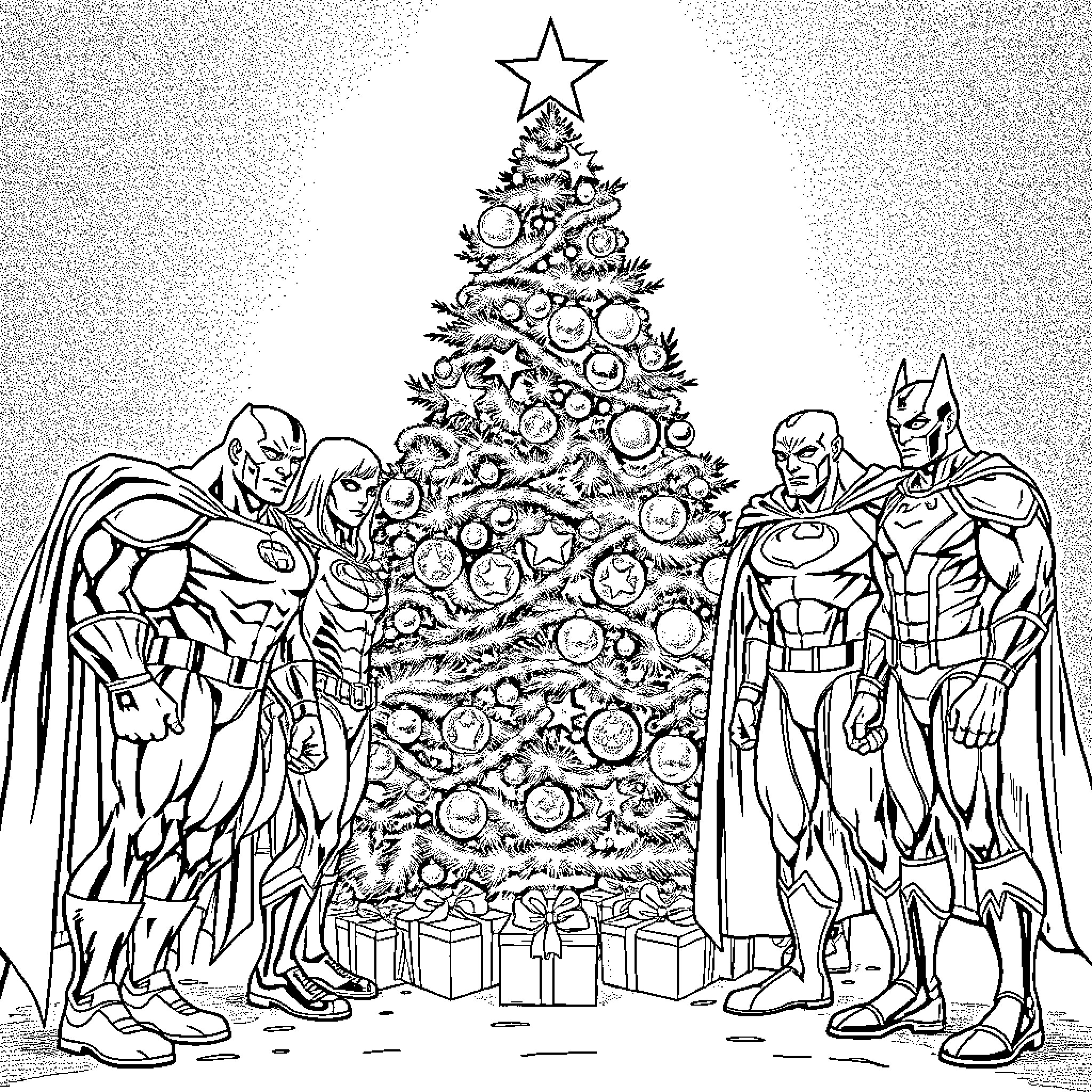 Superhero Holiday Celebration Around Christmas Tree Coloring Page (free black-and-white line drawing printable PDF for all, from beginners to advanced learners, including children, teens, adults, and seniors)