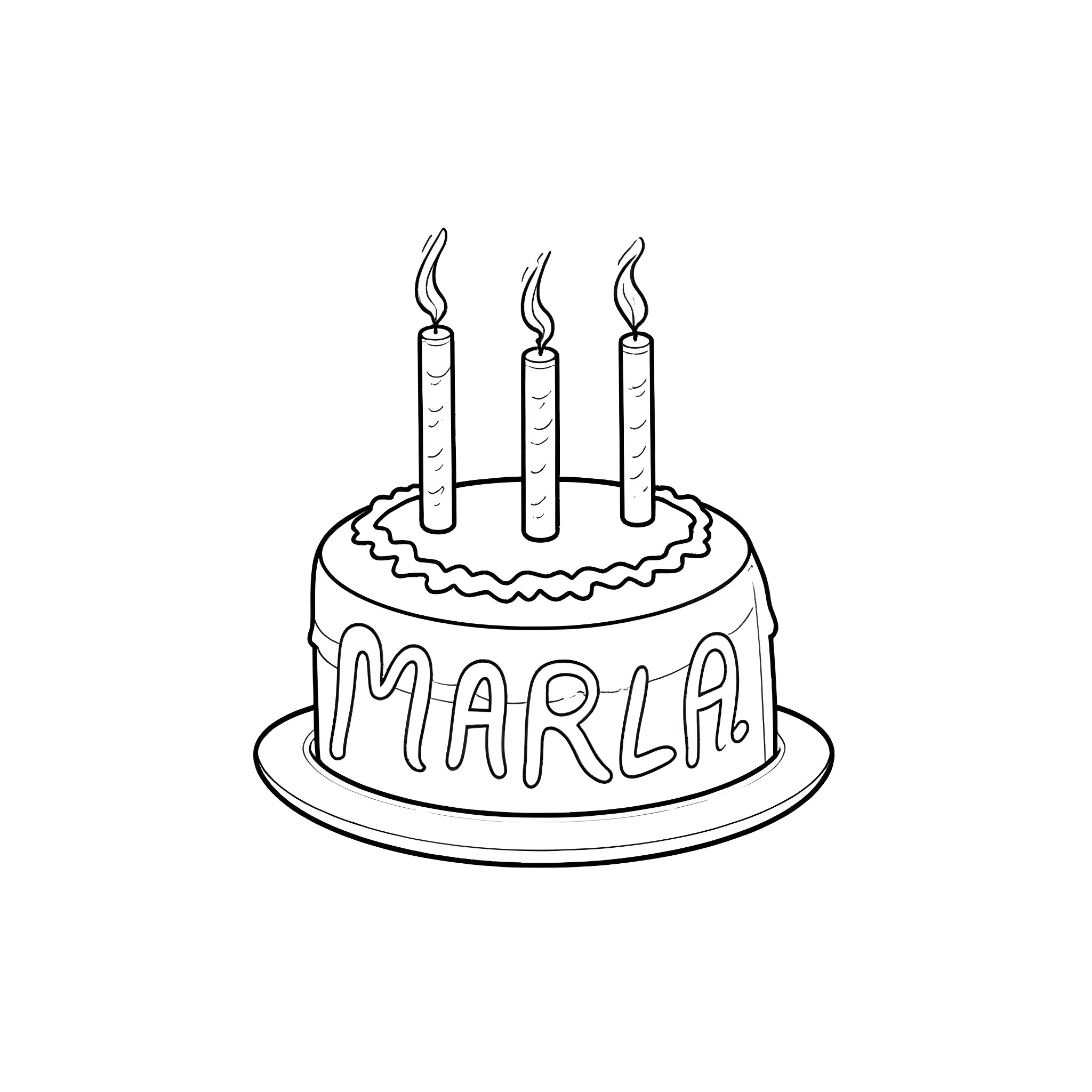 Cake with candles for Marla's birthday Coloring Page (free black-and-white line drawing printable PDF for all, from beginners to advanced learners, including children, teens, adults, and seniors)