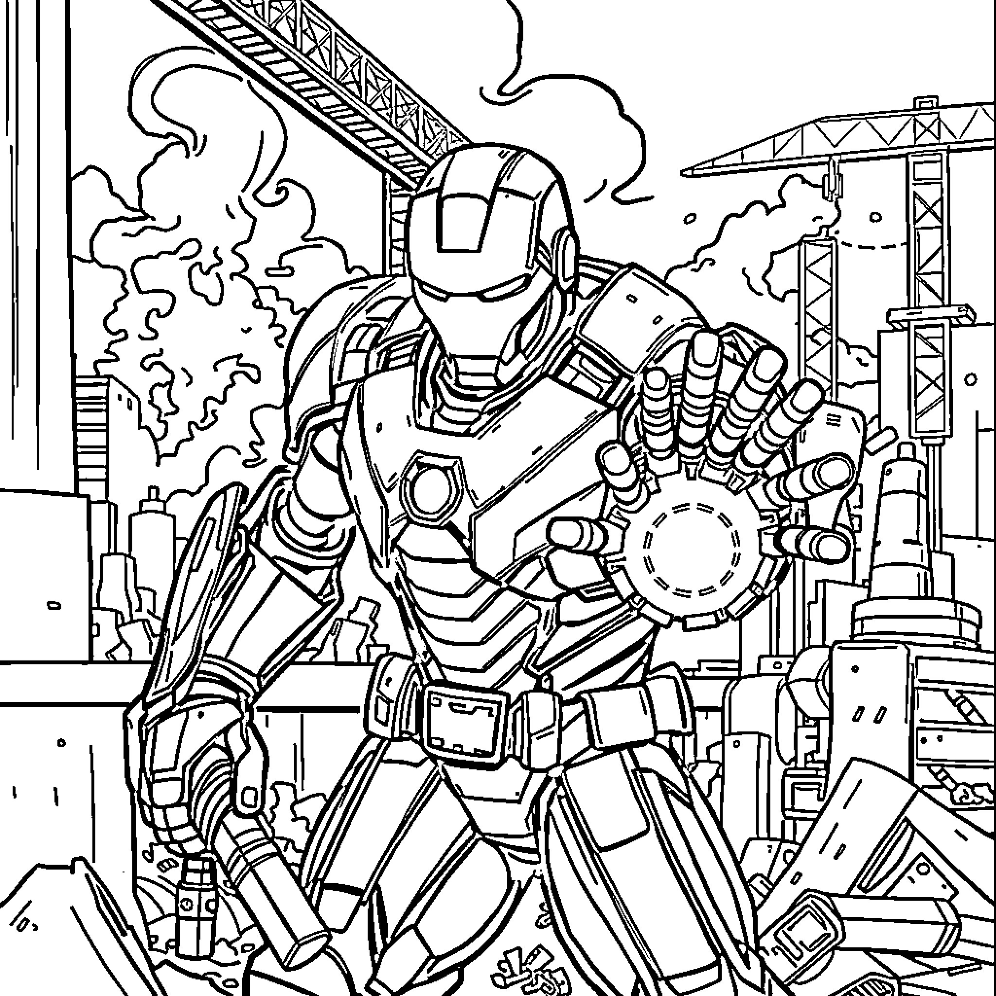 Iron Man in Heroic Battle Amid Cityscape Coloring Page (free black-and-white line drawing printable PDF for all, from beginners to advanced learners, including children, teens, adults, and seniors)