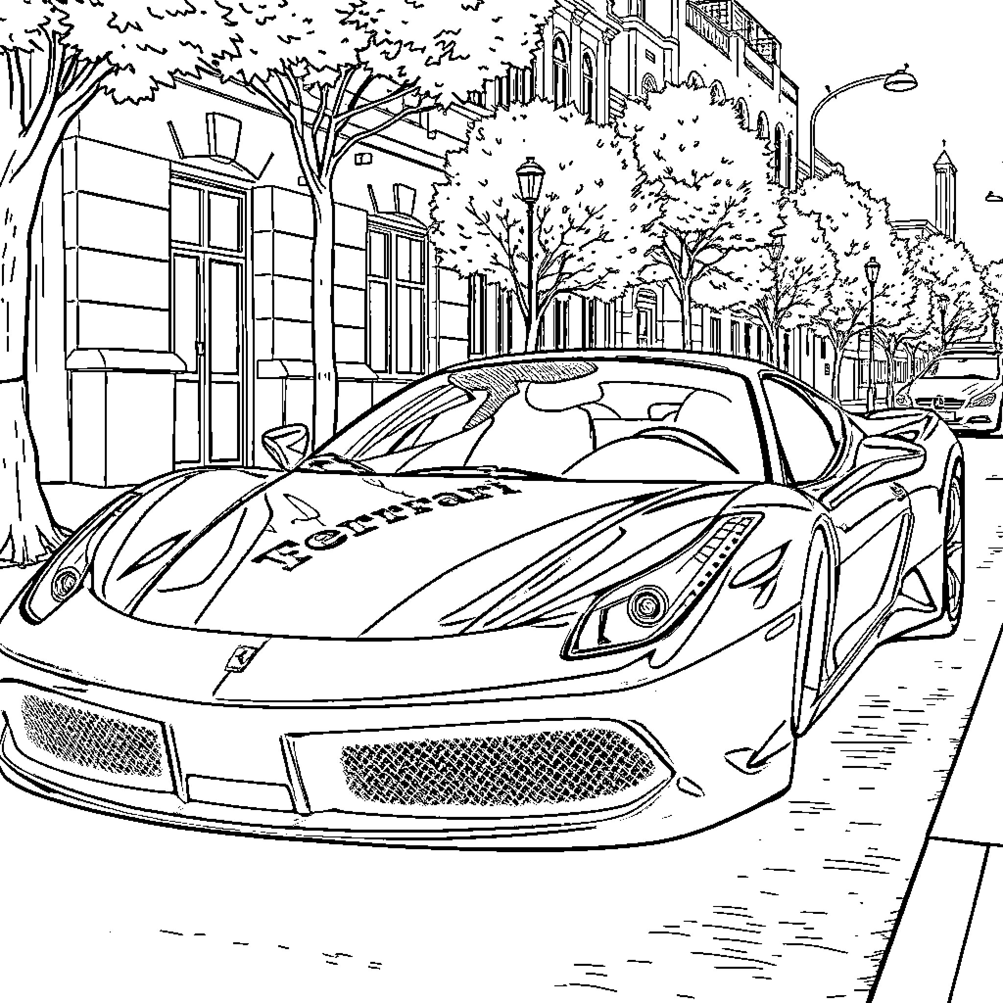 Ferrari supercar on urban street scene Coloring Page (free black-and-white line drawing printable PDF for all, from beginners to advanced learners, including children, teens, adults, and seniors)