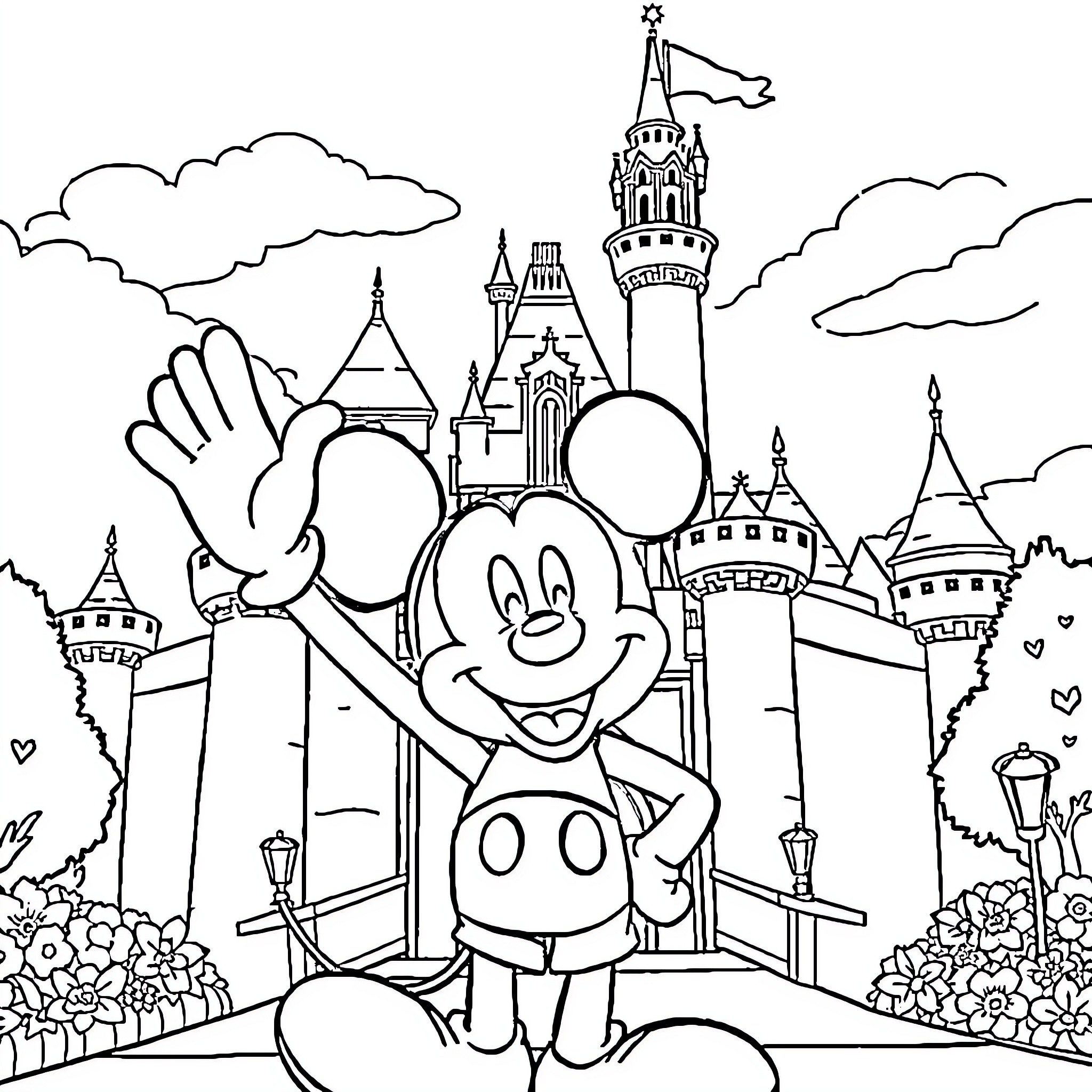 Mickey in a Magical Castle Adventure Coloring Page (free black-and-white line drawing printable PDF for all, from beginners to advanced learners, including children, teens, adults, and seniors)