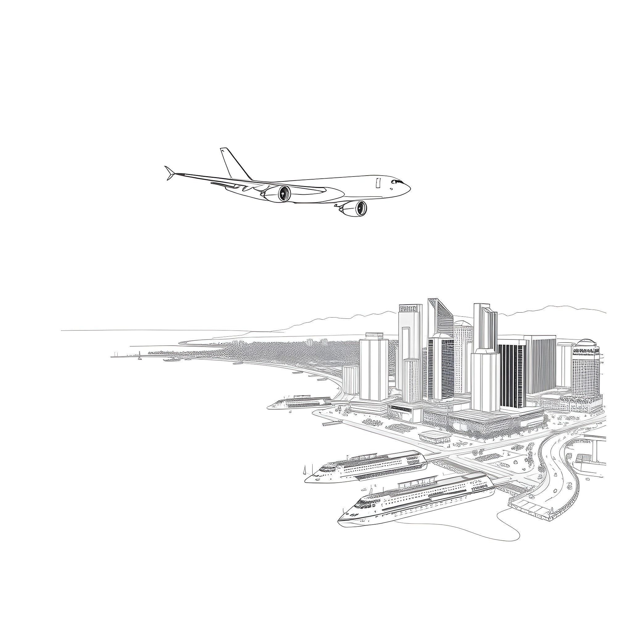 Airplane flying over modern cityscape Coloring Page (free black-and-white line drawing printable PDF for all, from beginners to advanced learners, including children, teens, adults, and seniors)
